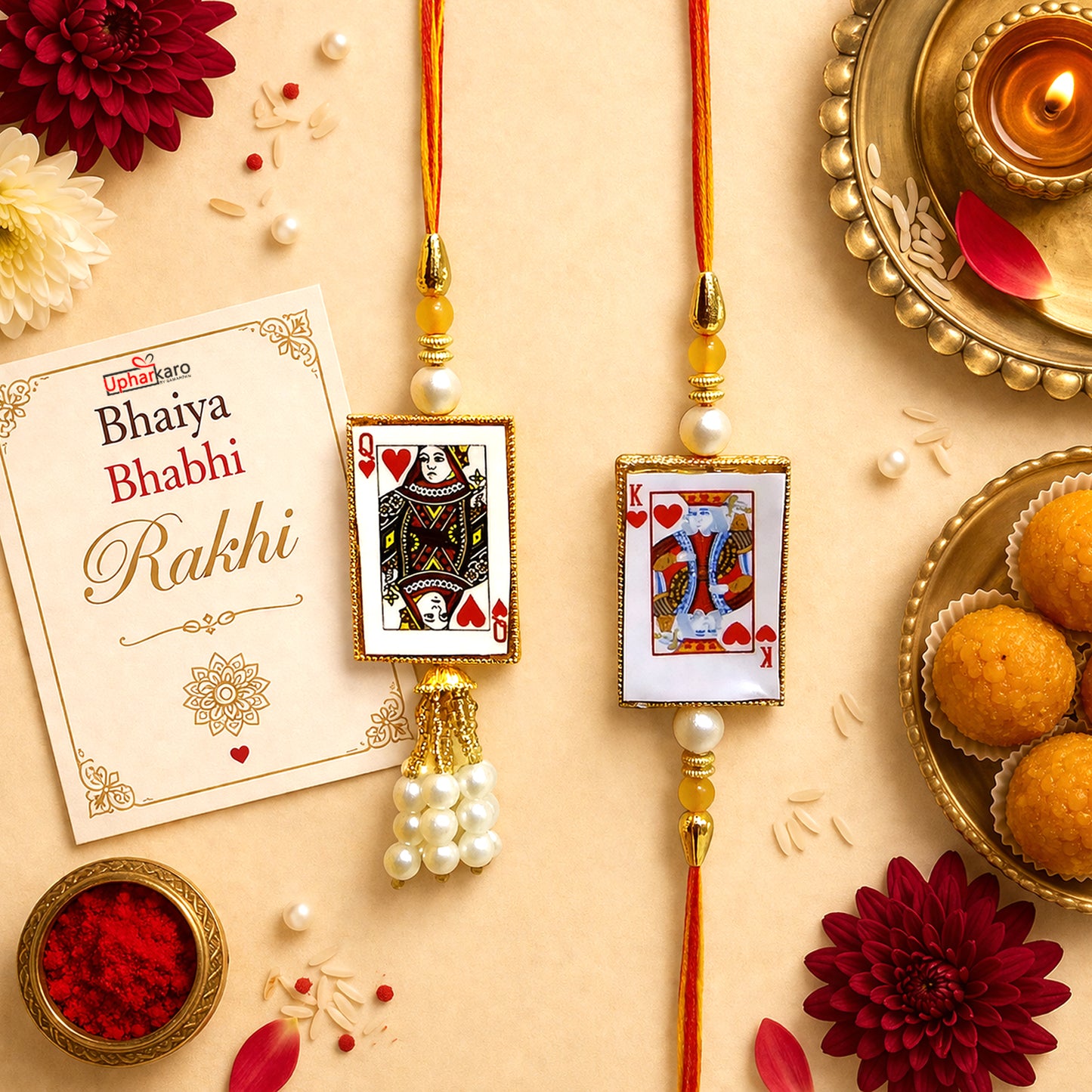 Elegant Badshah Queen Playing Card Bhaiya Bhabhi Lumba Rakhi Set with Pearl Tassels By Upharkaro