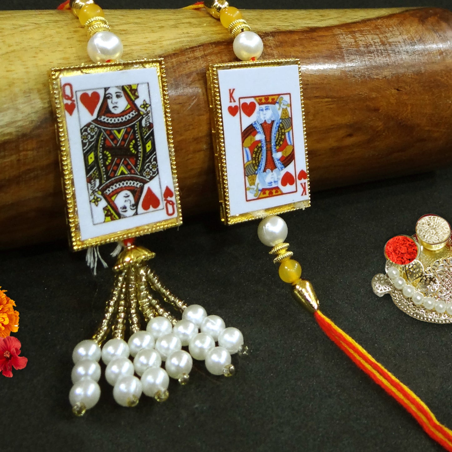 Elegant Badshah Queen Playing Card Bhaiya Bhabhi Lumba Rakhi Set with Pearl Tassels By Upharkaro