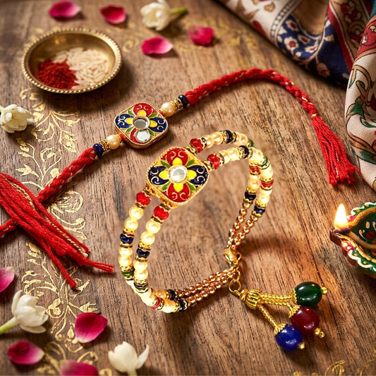 Elegant Meenakari Bhaiya Bhabhi Rakhi Set with Kundan & Beads | Designer Lumba Couple Rakhi