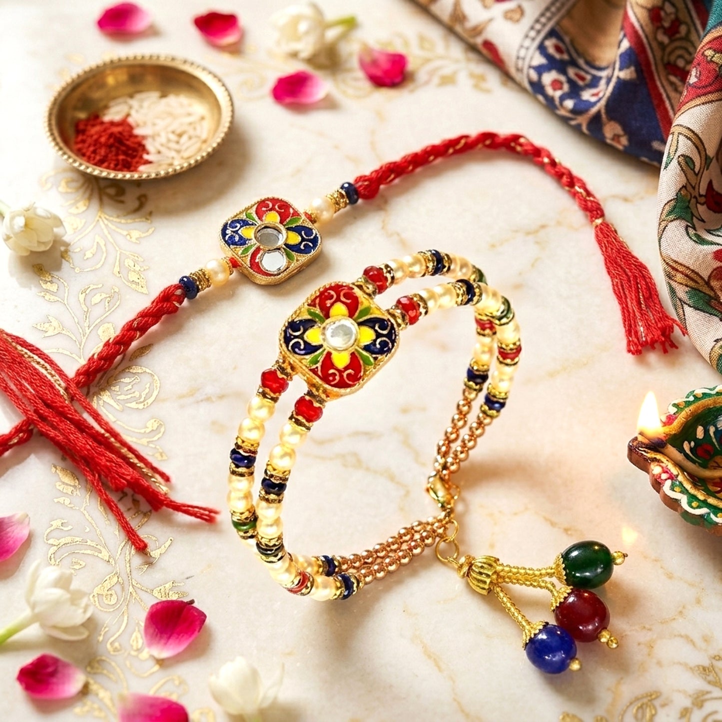 Elegant Meenakari Bhaiya Bhabhi Rakhi Set with Kundan & Beads | Designer Lumba Couple Rakhi