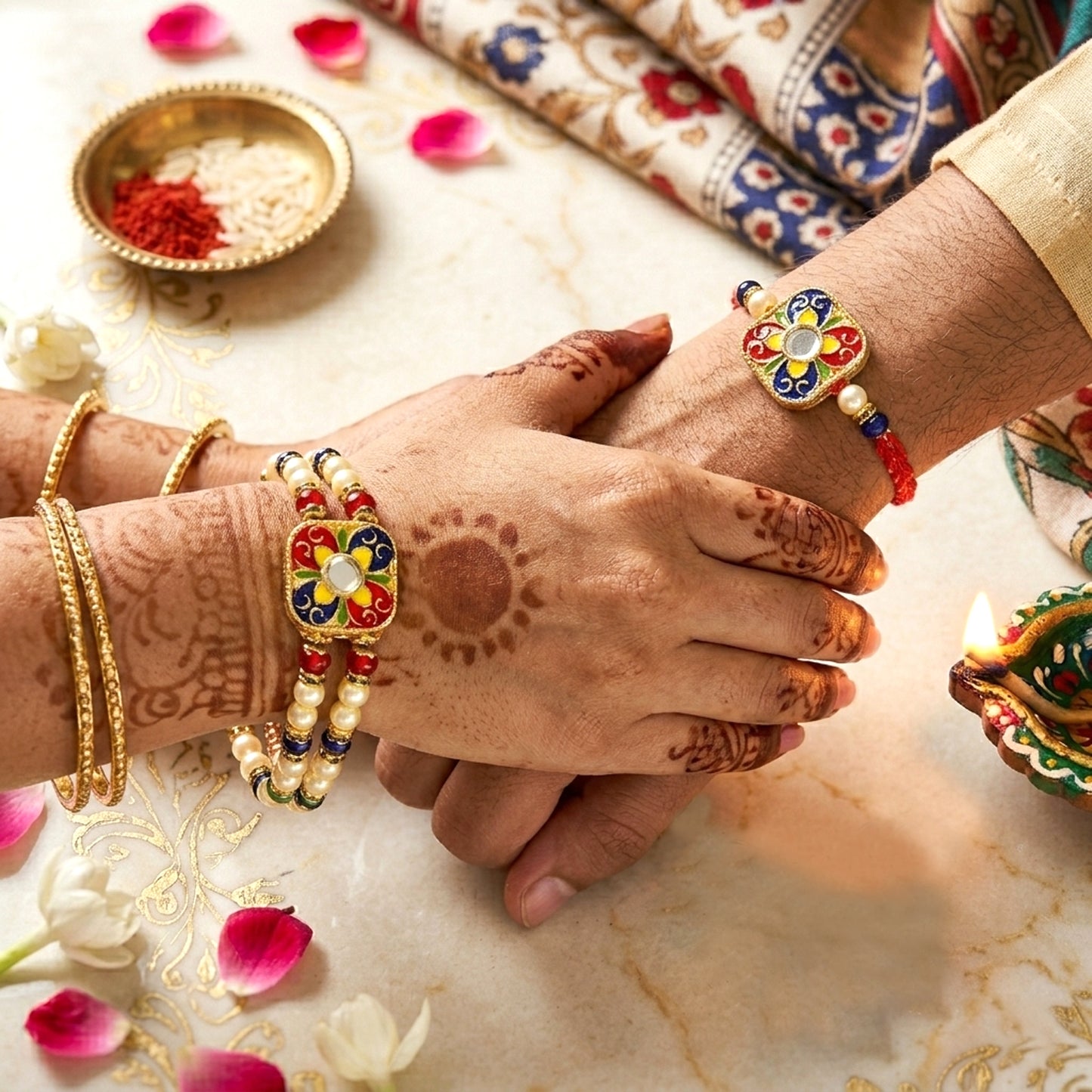 Elegant Meenakari Bhaiya Bhabhi Rakhi Set with Kundan & Beads | Designer Lumba Couple Rakhi