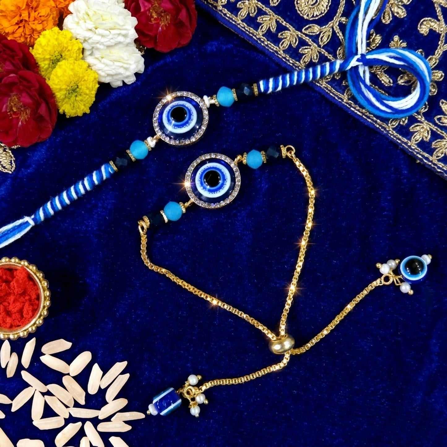 Premium Evil Eye Bhaiya Bhabhi Rakhi Set with Blue Beads & Adjustable Bracelet Lumba | Nazar Protection Rakhi Combo By Upharkaro