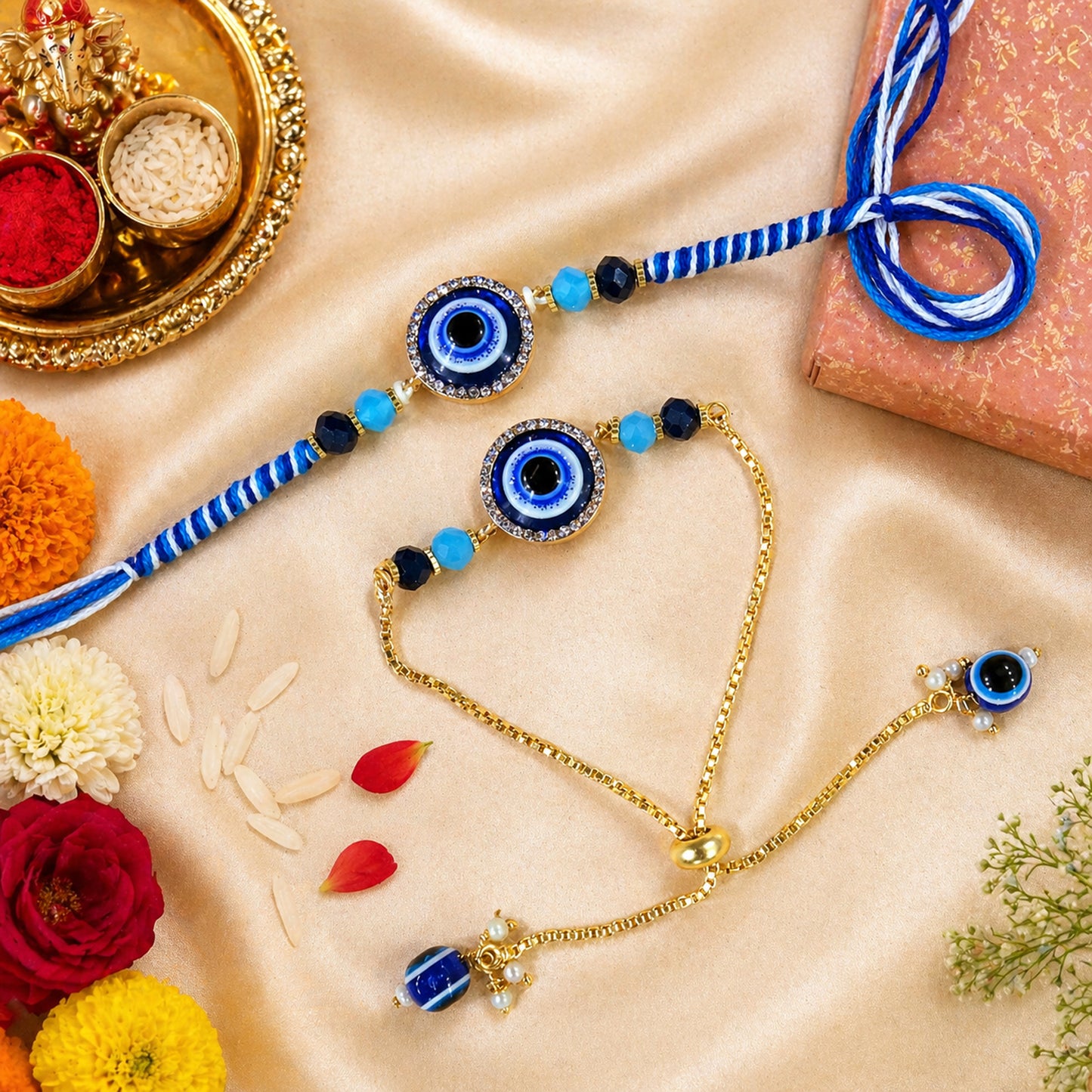 Premium Evil Eye Bhaiya Bhabhi Rakhi Set with Blue Beads & Adjustable Bracelet Lumba | Nazar Protection Rakhi Combo By Upharkaro