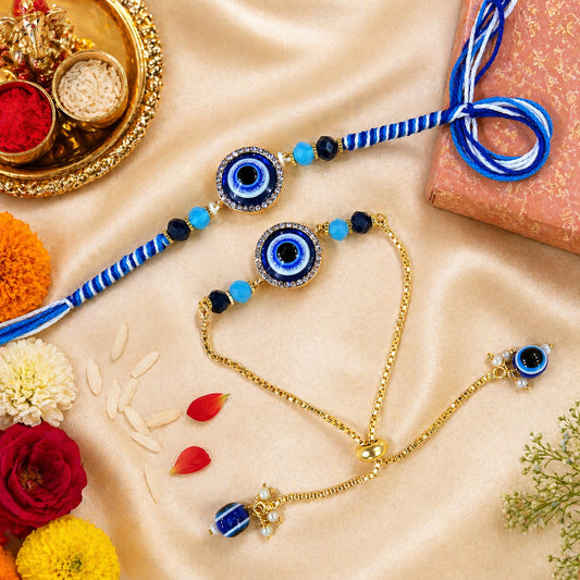 Premium Evil Eye Bhaiya Bhabhi Rakhi Set with Blue Beads & Adjustable Bracelet Lumba | Nazar Protection Rakhi Combo By Upharkaro