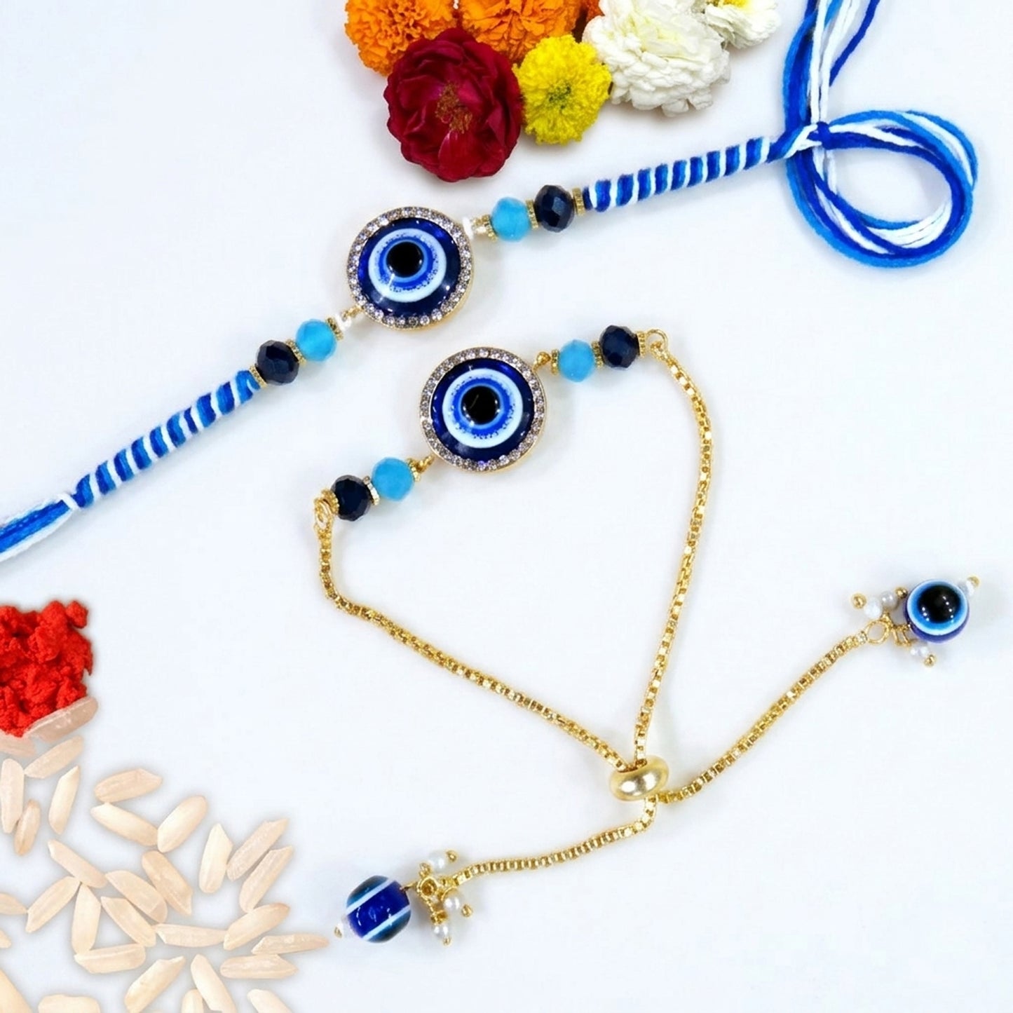 Premium Evil Eye Bhaiya Bhabhi Rakhi Set with Blue Beads & Adjustable Bracelet Lumba | Nazar Protection Rakhi Combo By Upharkaro