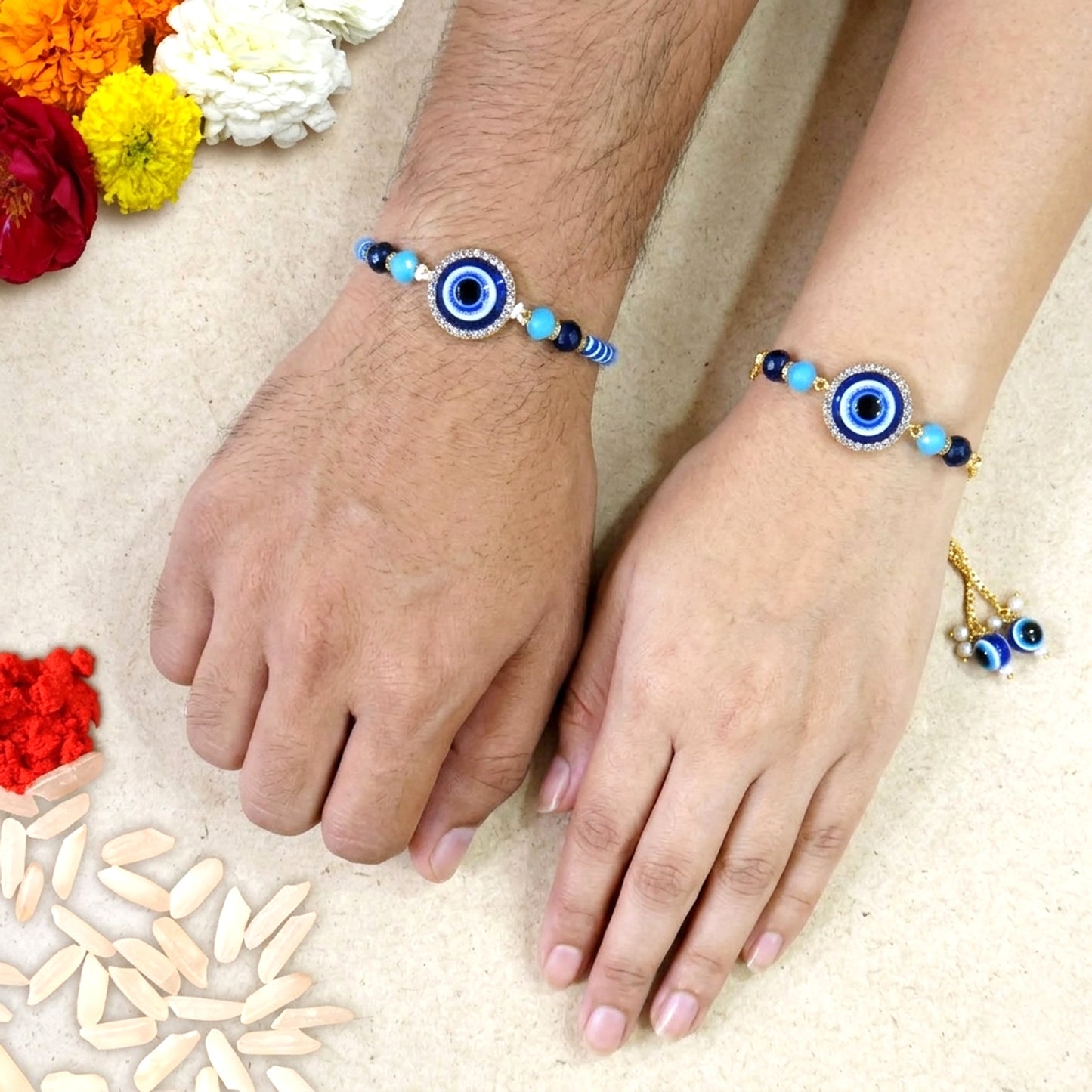 Premium Evil Eye Bhaiya Bhabhi Rakhi Set with Blue Beads & Adjustable Bracelet Lumba | Nazar Protection Rakhi Combo By Upharkaro