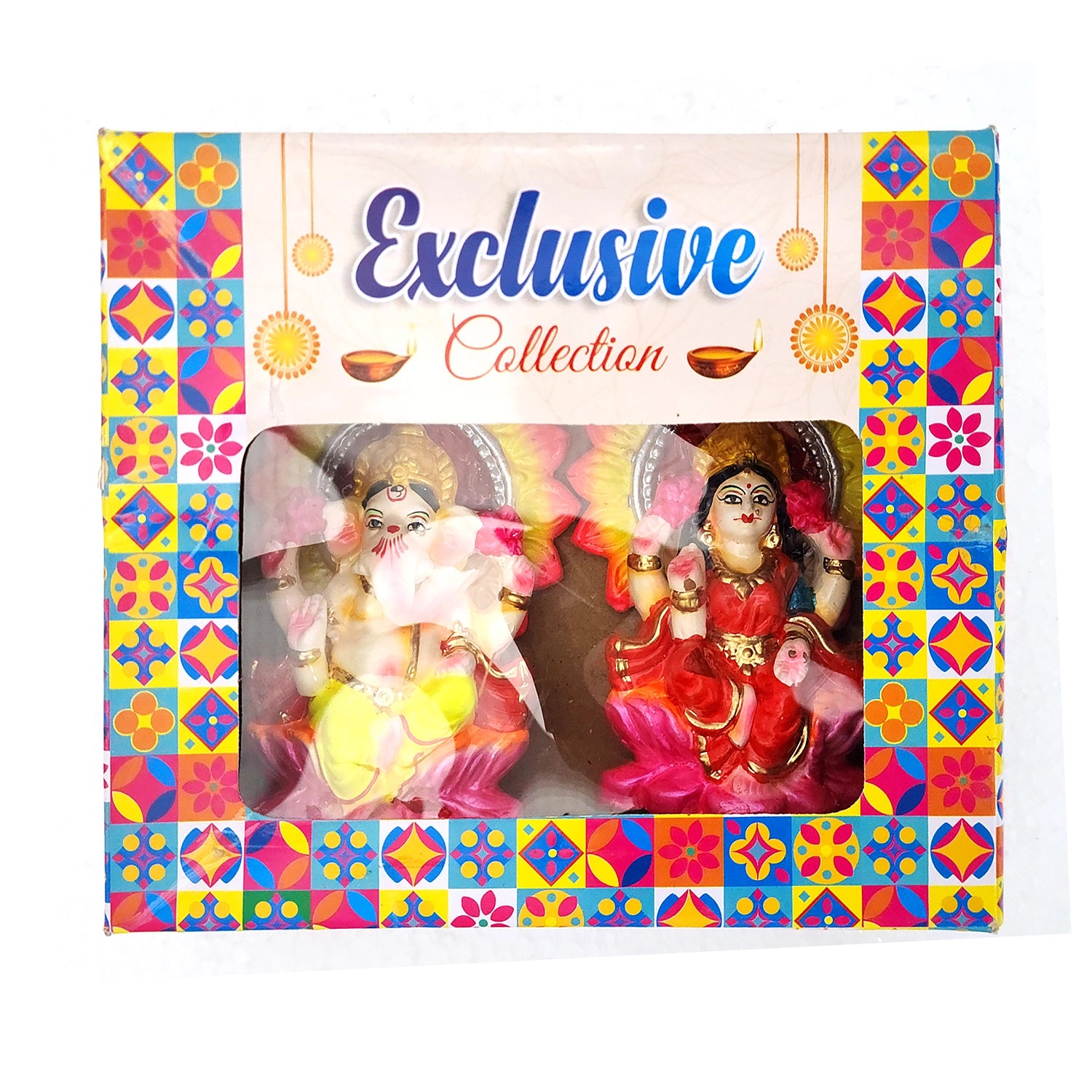 Colorful packaging with two deities and 'Exclusive Collection' text on a white background