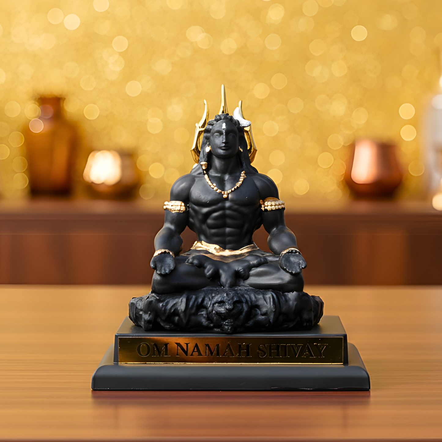 Black and gold statue on a wooden surface with a blurred golden background