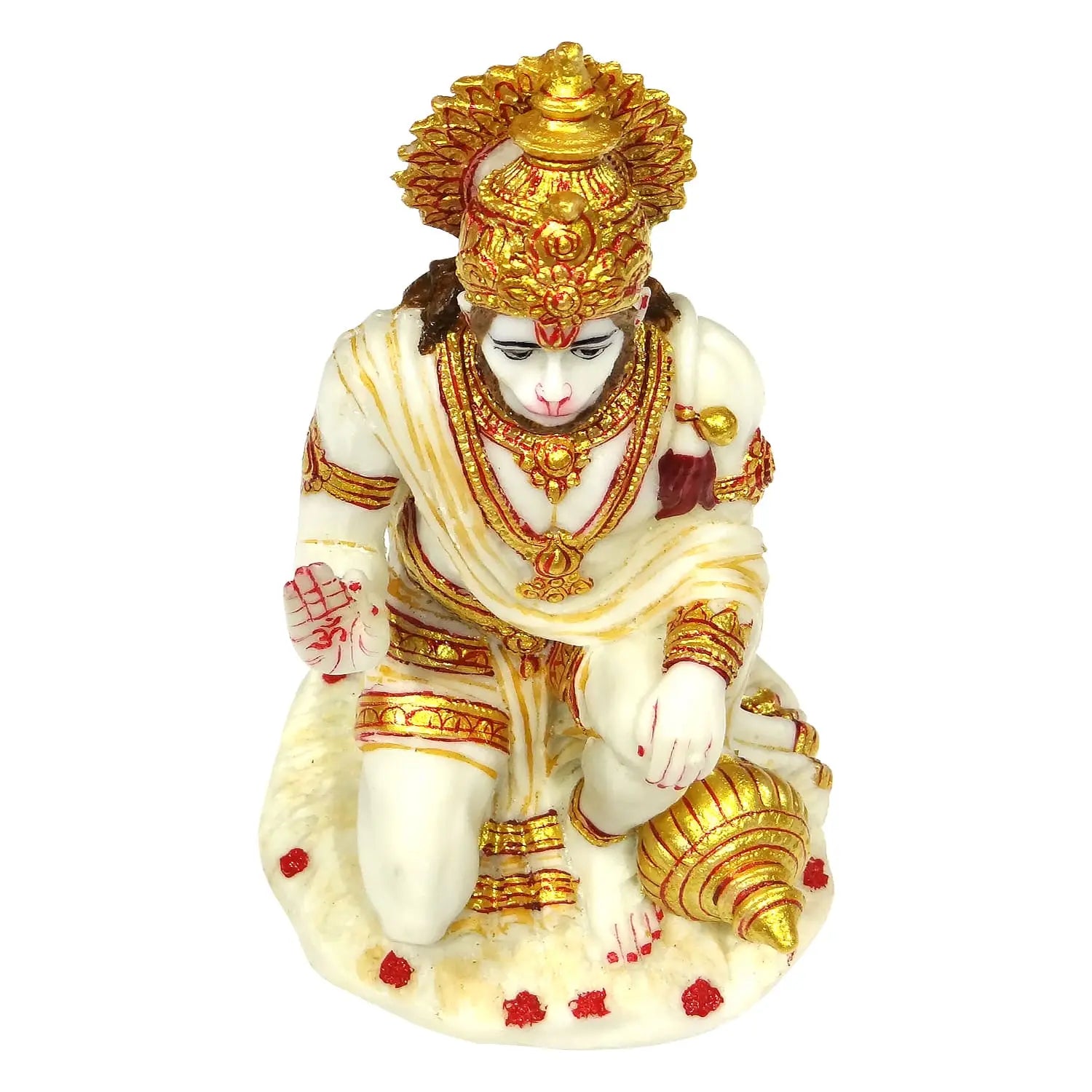 Decorative statue of a deity with gold and white attire on a white background
