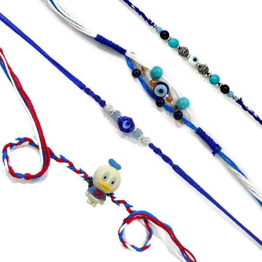 Three colorful beaded necklaces with a cartoon character charm on a white background