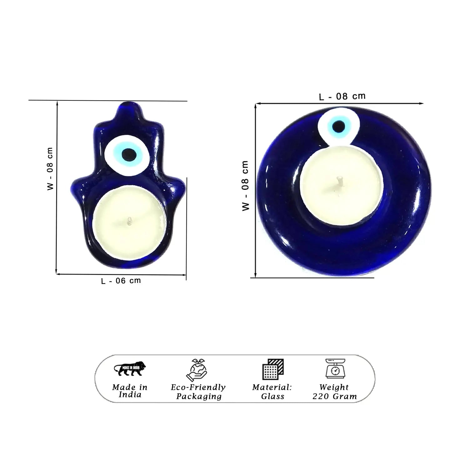 Two blue evil eye candles with measurements on a white background
