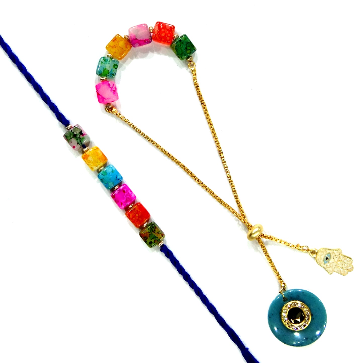 Rainbow Beads Designer Bhaiya-Bhabhi Lumba Rakhi Set with Unicorn Charm & Adjustable Bracelet Style (Green) By Upharkaro