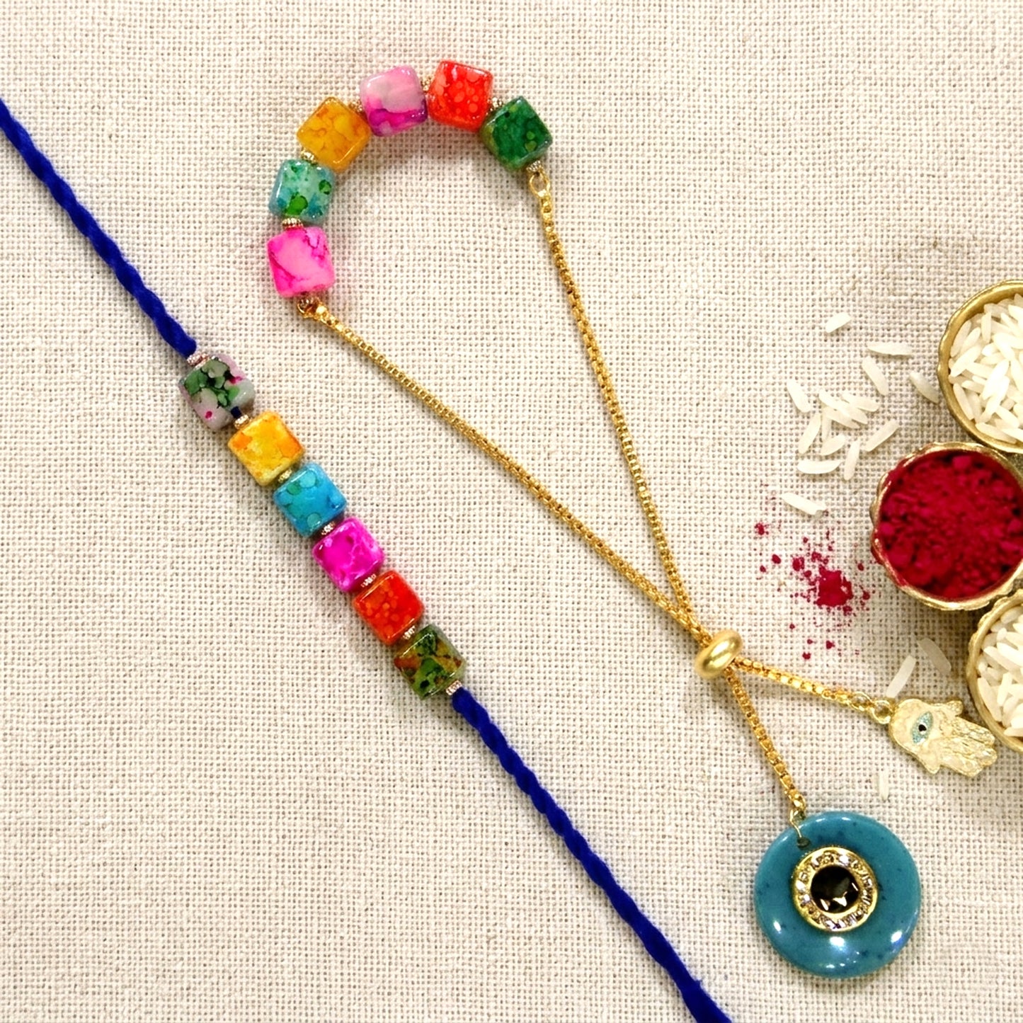 Rainbow Beads Designer Bhaiya-Bhabhi Lumba Rakhi Set with Unicorn Charm & Adjustable Bracelet Style (Green) By Upharkaro