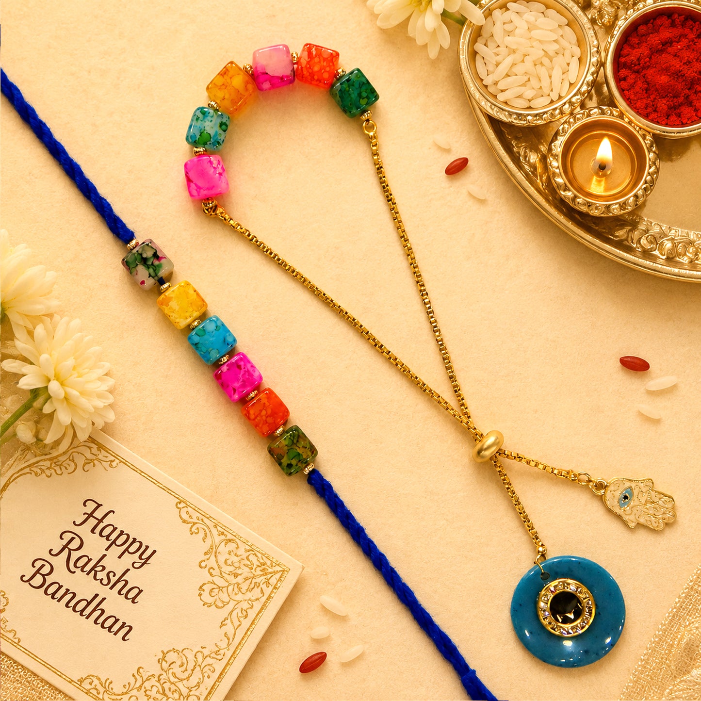 Rainbow Beads Designer Bhaiya-Bhabhi Lumba Rakhi Set with Unicorn Charm & Adjustable Bracelet Style (Green) By Upharkaro