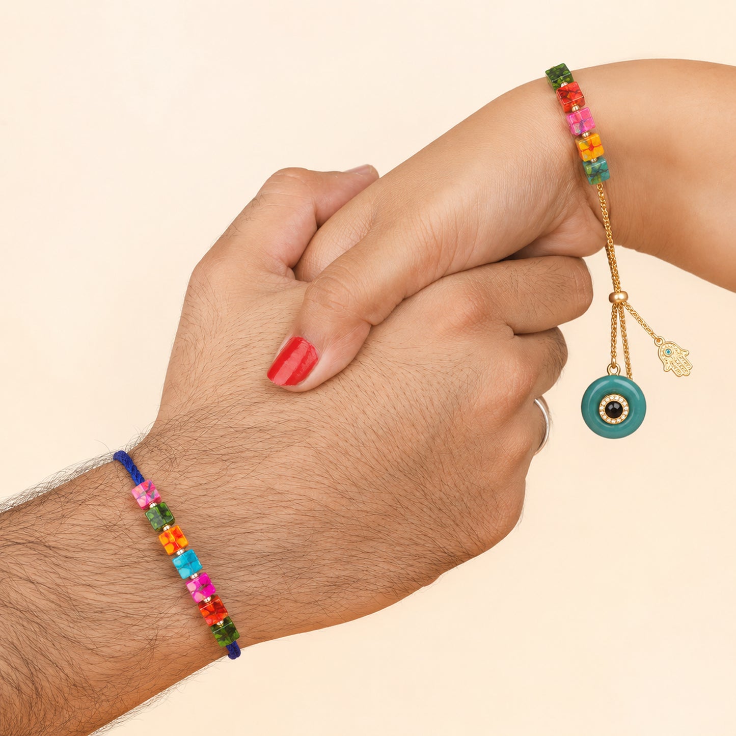 Rainbow Beads Designer Bhaiya-Bhabhi Lumba Rakhi Set with Unicorn Charm & Adjustable Bracelet Style (Green) By Upharkaro