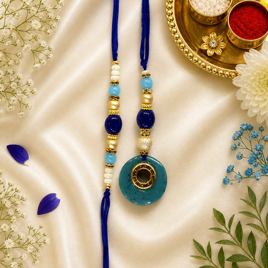 Elegant Bhaiya Bhabhi Lumba Rakhi Set with Pearl Beads | Designer Couple Rakhi for Raksha Bandhan