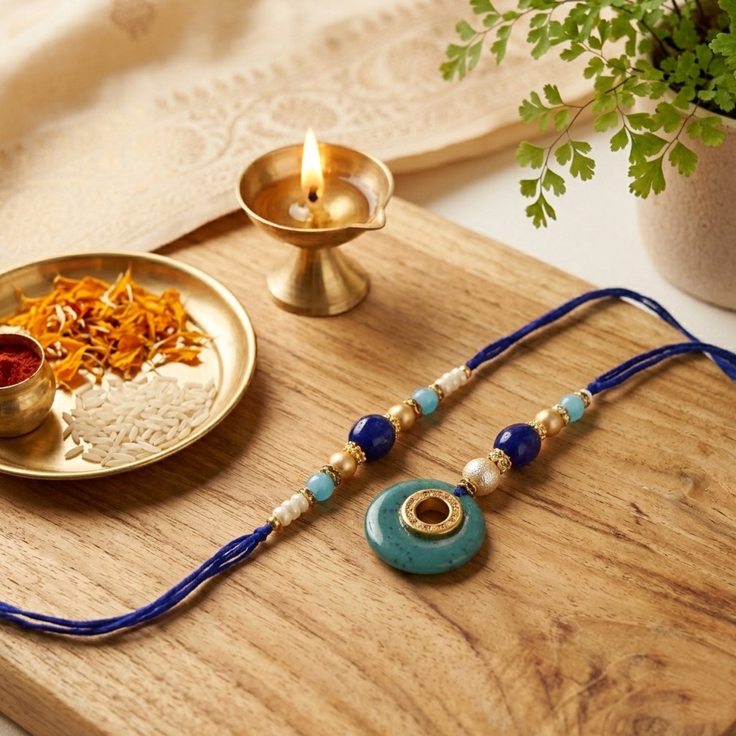 Elegant Bhaiya Bhabhi Lumba Rakhi Set with Pearl Beads | Designer Couple Rakhi for Raksha Bandhan
