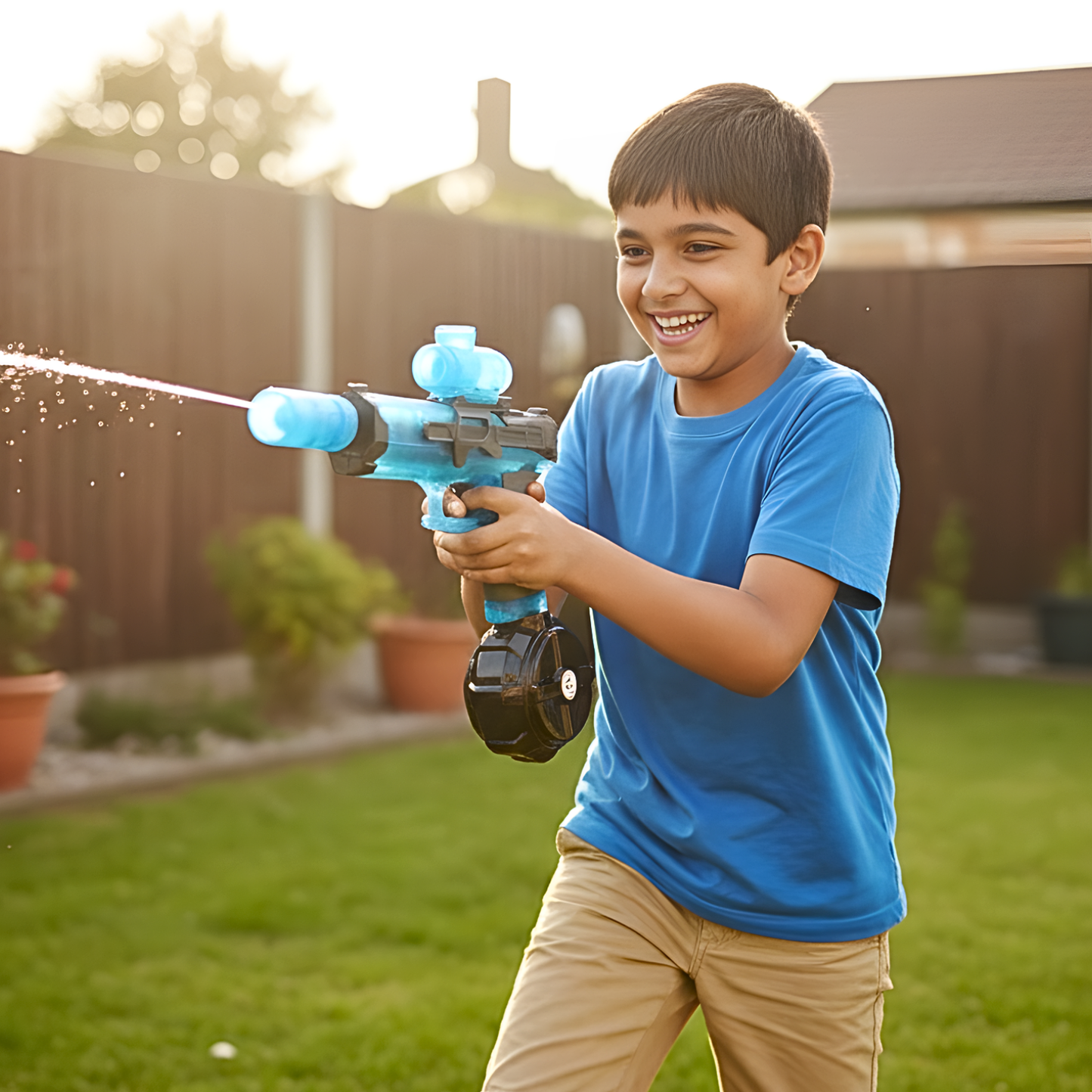 Child playing with a water gun in a backyard