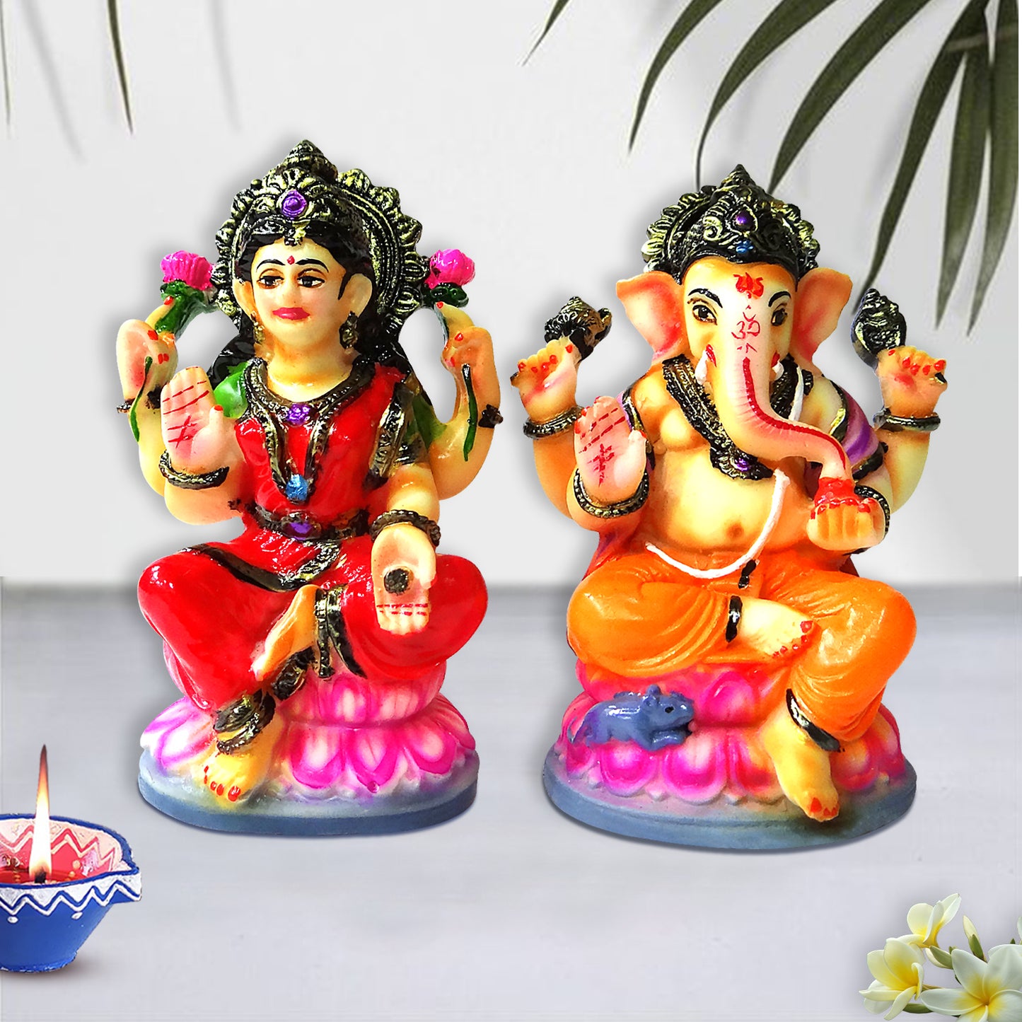 Resin Laxmi Ganesh Sitting on Lotus Idol