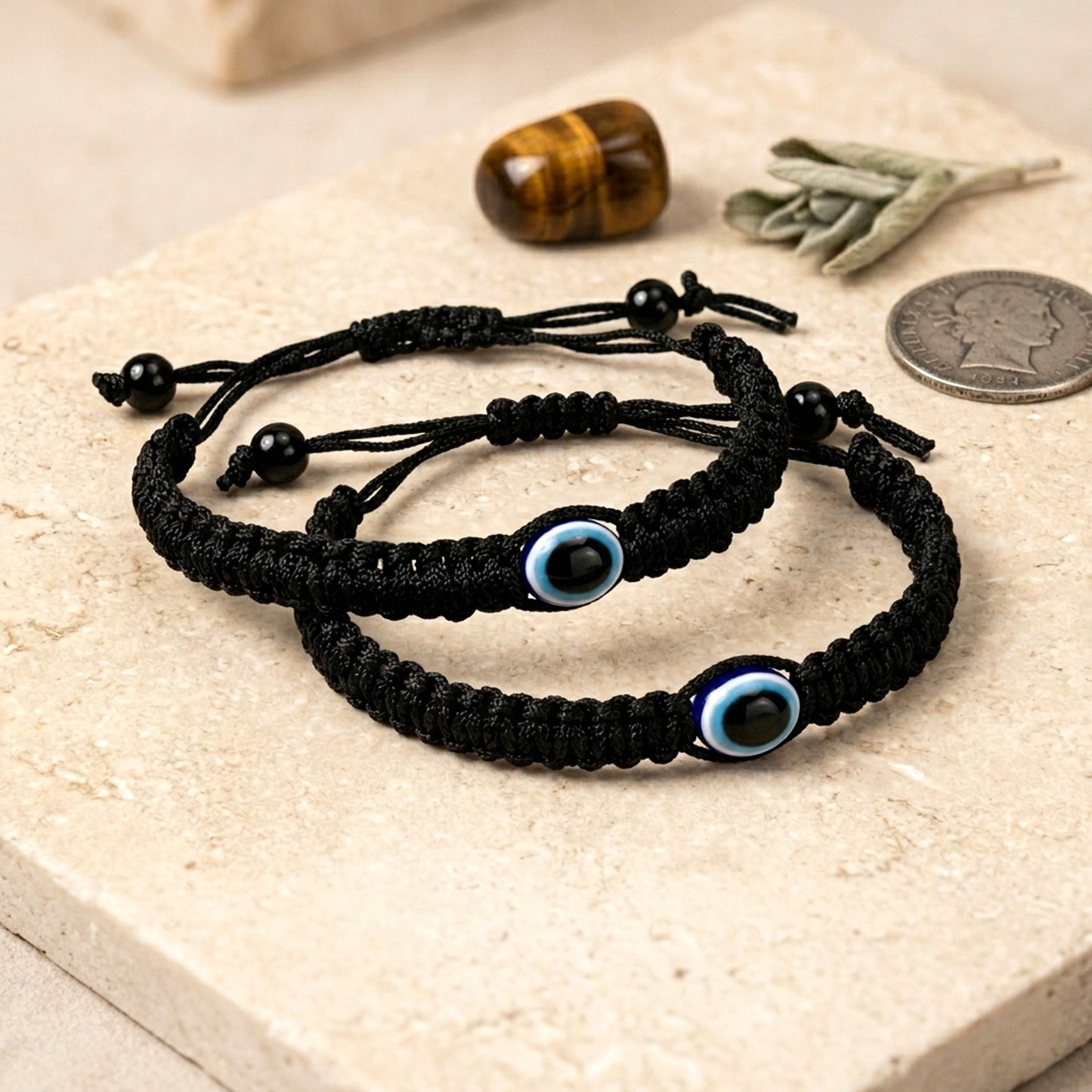 Upharkaro Premium Handcrafted Black Woven Cord Bracelet Set of 2 with Evil Eye Charm – Adjustable Suraksha Kavach Nazar Thread for Men, Women & Kids | Stylish Protection Bracelet for Good Luck & Positive Energy