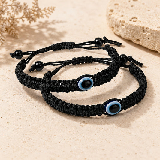 Upharkaro Premium Handcrafted Black Woven Cord Bracelet Set of 2 with Evil Eye Charm – Adjustable Suraksha Kavach Nazar Thread for Men, Women & Kids | Stylish Protection Bracelet for Good Luck & Positive Energy