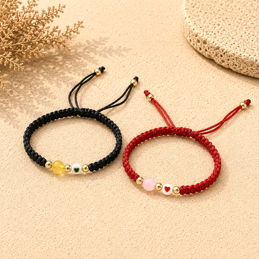 Upharkaro Handmade Heart Charm Red & Black Dhaga Bracelet Set of 2 | Adjustable Friendship, Couple & Family Bracelets with Lucky Beads | Stylish Love & Good Luck Wristbands for Men & Women