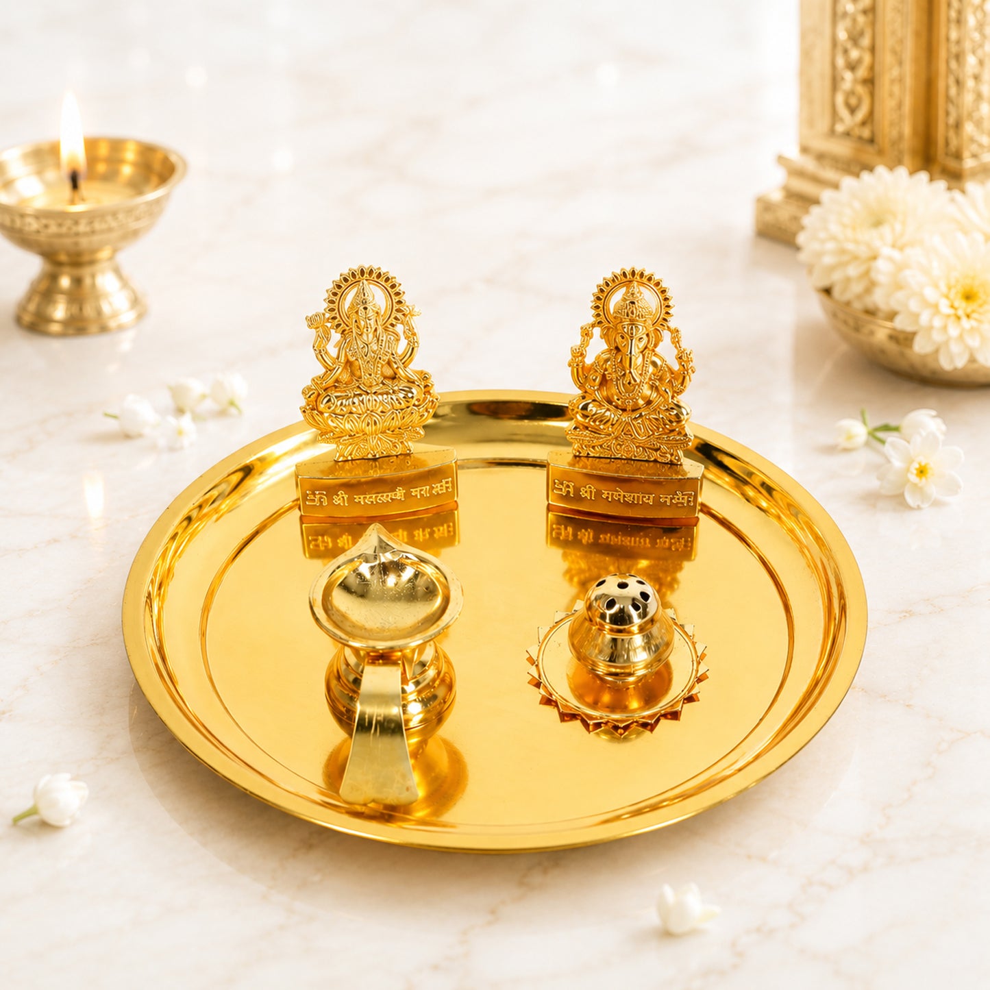 Premium Brass Polish Pooja Thali Set with Lakshmi Ganesh Idol, Brass Diya & Agarbatti Holder for Home Temple & Diwali, Navratri, Housewarming & Wedding Gift | Brass Diya Included, Agarbatti Holder, Home Temple Use, Diwali & Navratri, Housewarming Gift