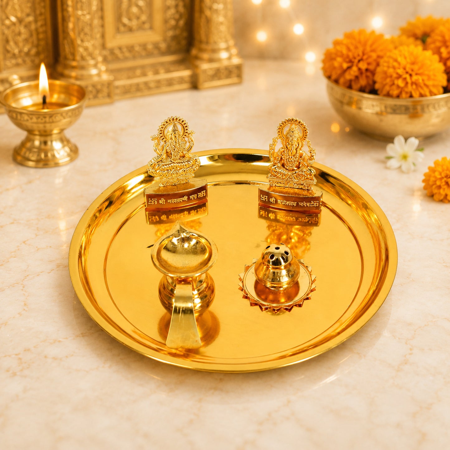 Premium Brass Polish Pooja Thali Set with Lakshmi Ganesh Idol, Brass Diya & Agarbatti Holder for Home Temple & Diwali, Navratri, Housewarming & Wedding Gift | Brass Diya Included, Agarbatti Holder, Home Temple Use, Diwali & Navratri, Housewarming Gift