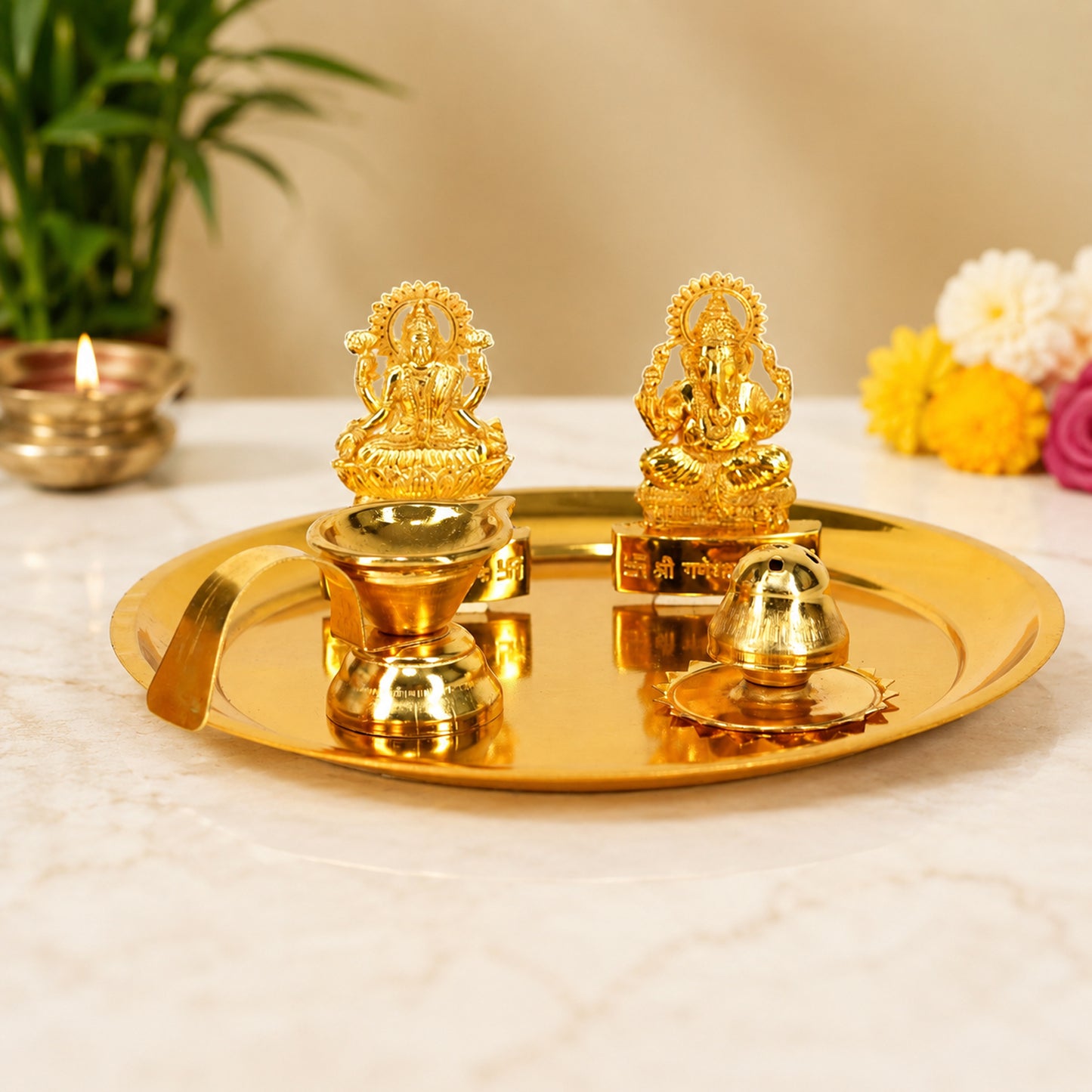 Premium Brass Polish Pooja Thali Set with Lakshmi Ganesh Idol, Brass Diya & Agarbatti Holder for Home Temple & Diwali, Navratri, Housewarming & Wedding Gift | Brass Diya Included, Agarbatti Holder, Home Temple Use, Diwali & Navratri, Housewarming Gift