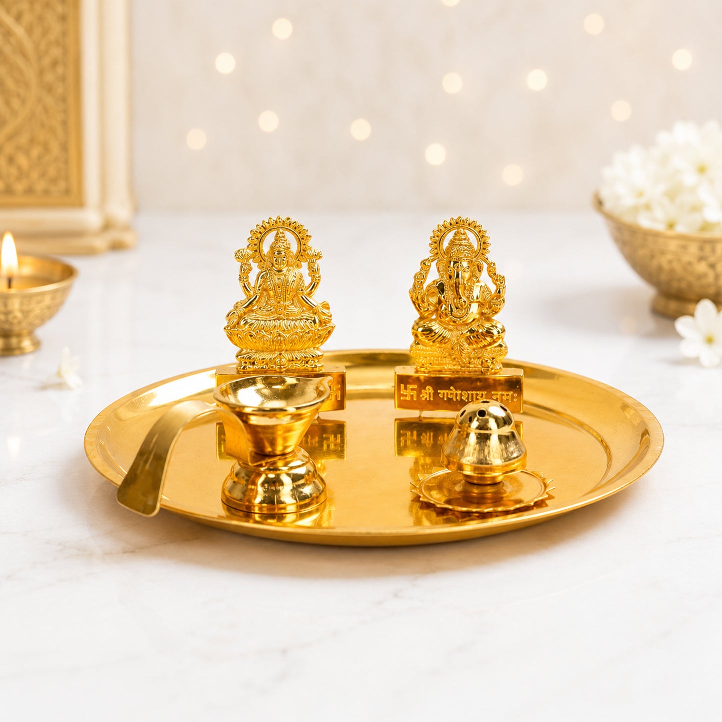 Premium Brass Polish Pooja Thali Set with Lakshmi Ganesh Idol, Brass Diya & Agarbatti Holder for Home Temple & Diwali, Navratri, Housewarming & Wedding Gift | Brass Diya Included, Agarbatti Holder, Home Temple Use, Diwali & Navratri, Housewarming Gift