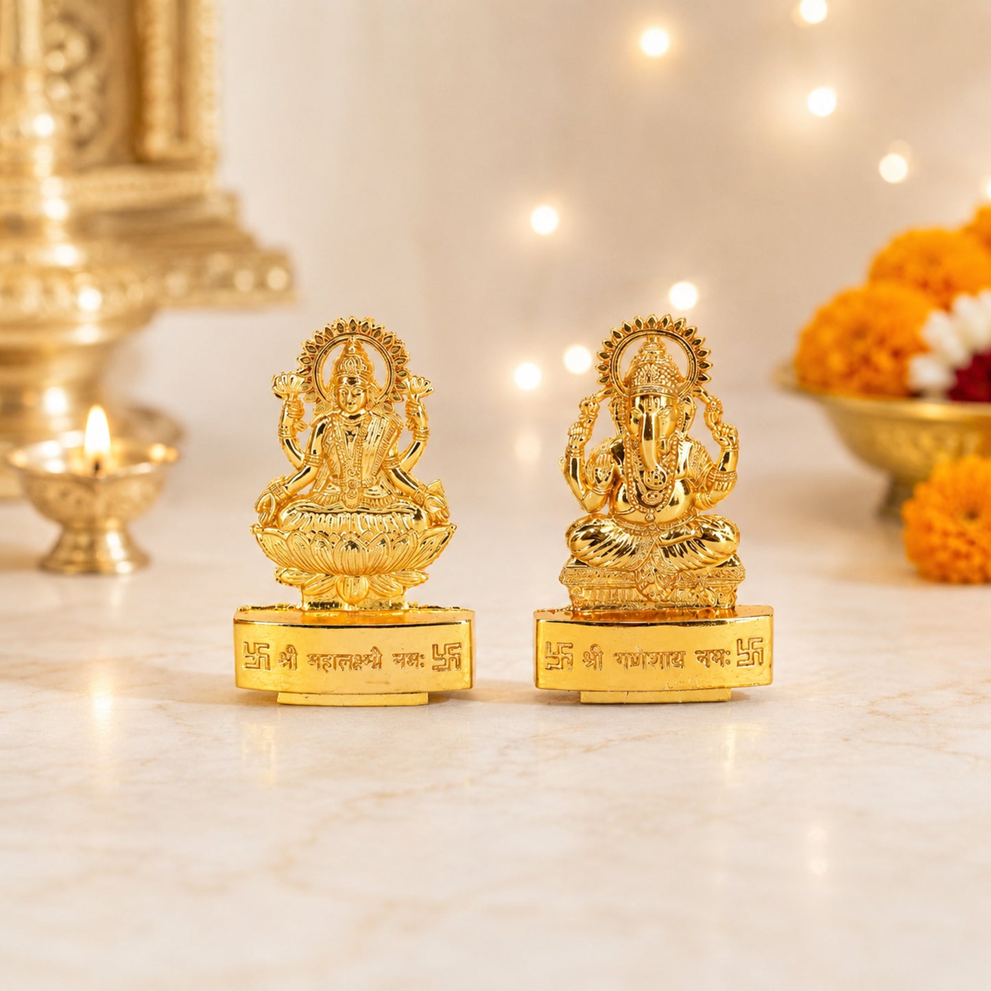 Premium Brass Polish Pooja Thali Set with Lakshmi Ganesh Idol, Brass Diya & Agarbatti Holder for Home Temple & Diwali, Navratri, Housewarming & Wedding Gift | Brass Diya Included, Agarbatti Holder, Home Temple Use, Diwali & Navratri, Housewarming Gift