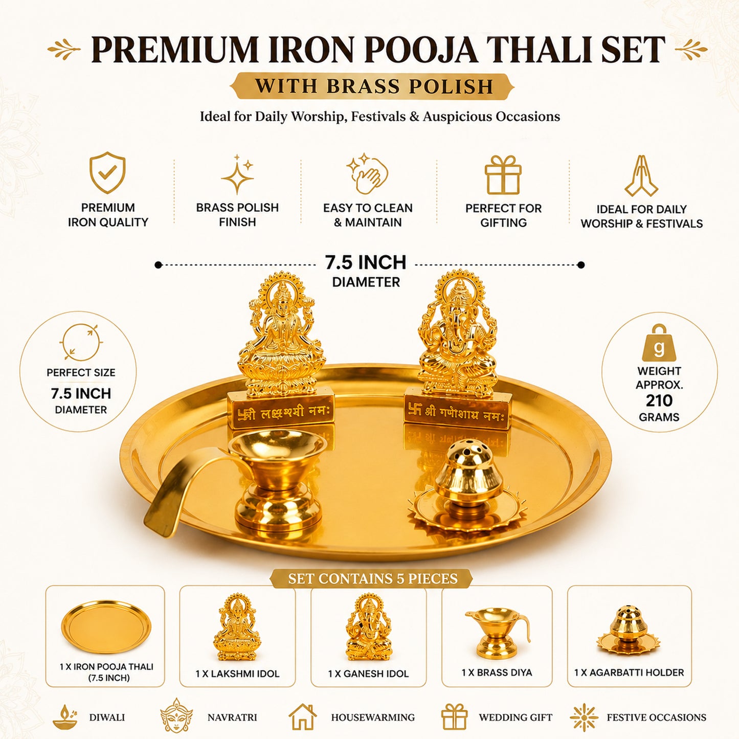 Premium Brass Polish Pooja Thali Set with Lakshmi Ganesh Idol, Brass Diya & Agarbatti Holder for Home Temple & Diwali, Navratri, Housewarming & Wedding Gift | Brass Diya Included, Agarbatti Holder, Home Temple Use, Diwali & Navratri, Housewarming Gift
