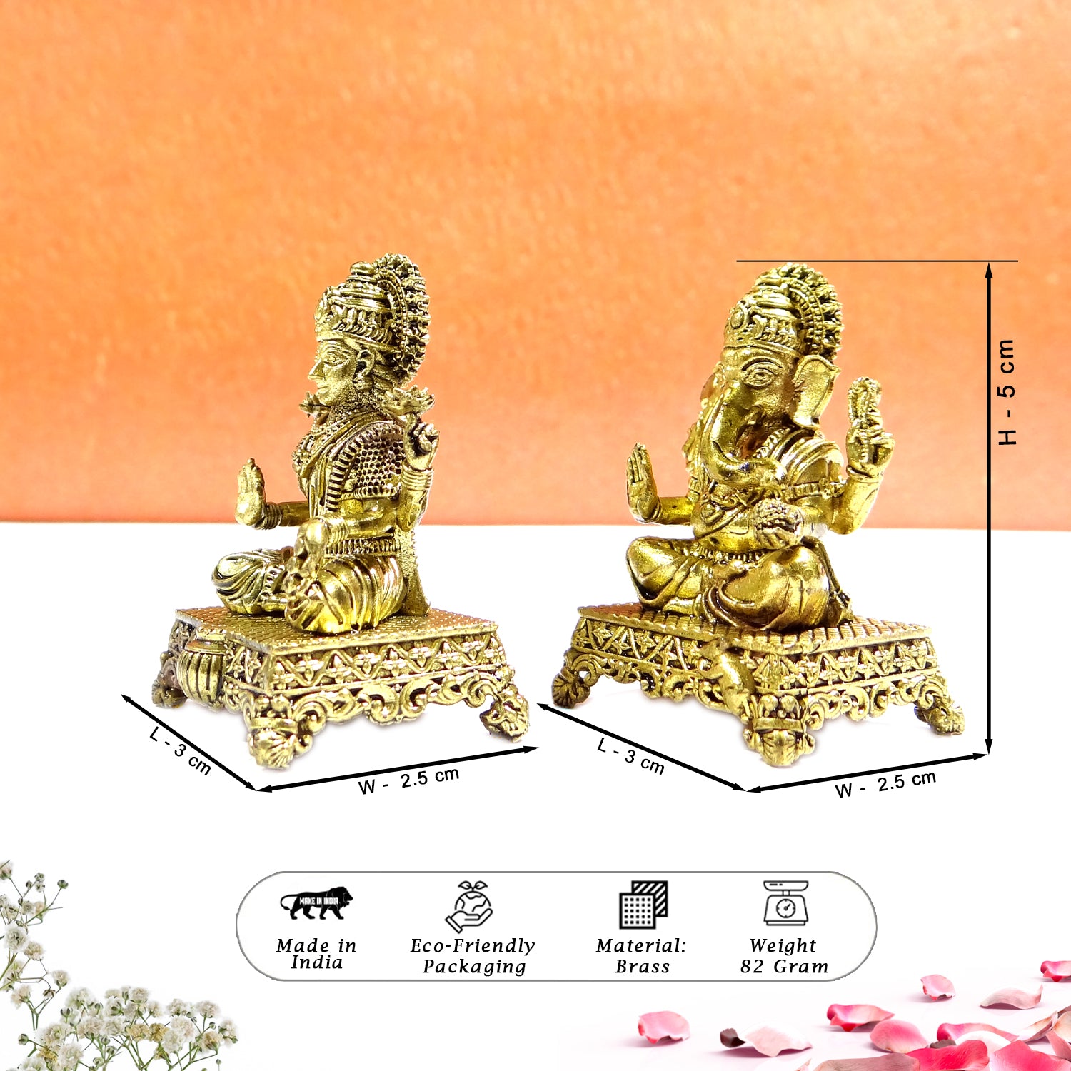 Two gold-colored statues on a peach background with measurements and product details.