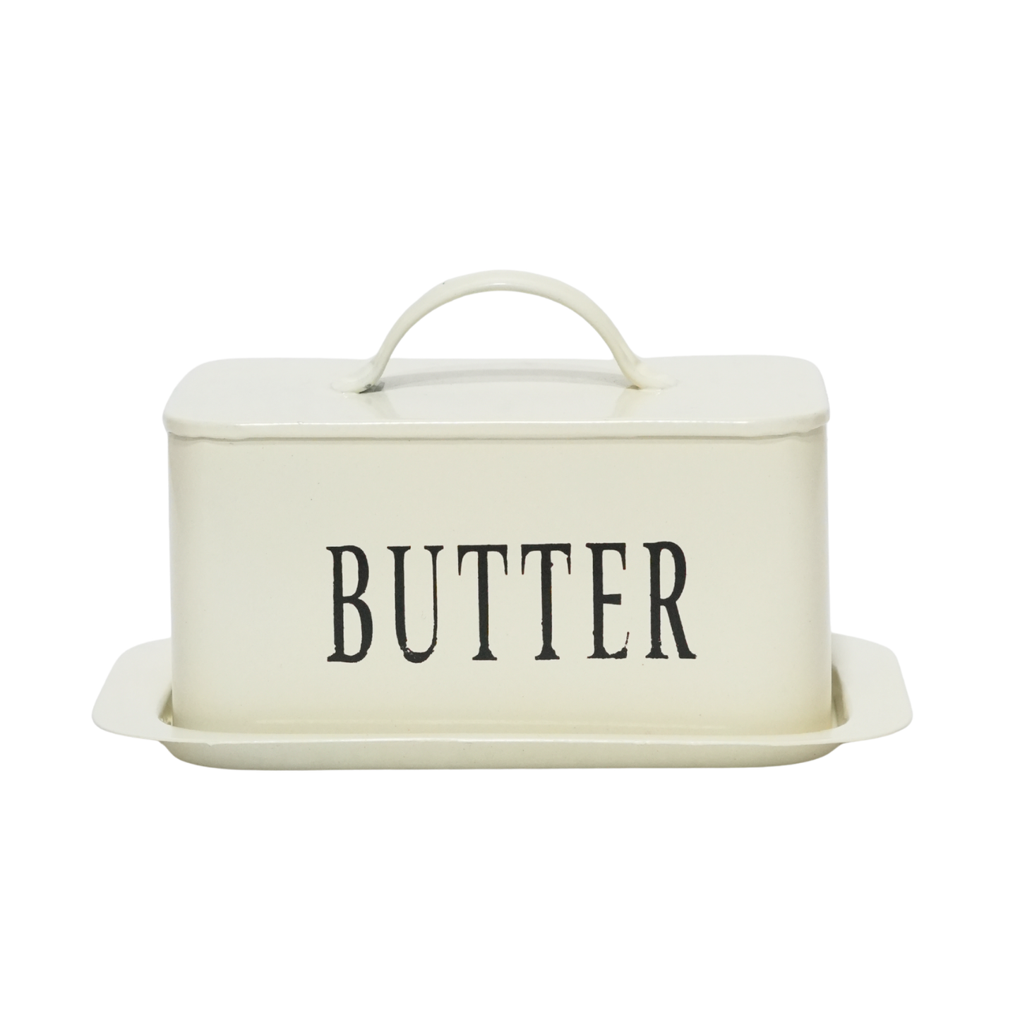 Rectangular Off-White Metal Butter Dish with Lid & Tray | Food-Safe Butter Container for Kitchen Countertop | 17 x 12 x 8 cm