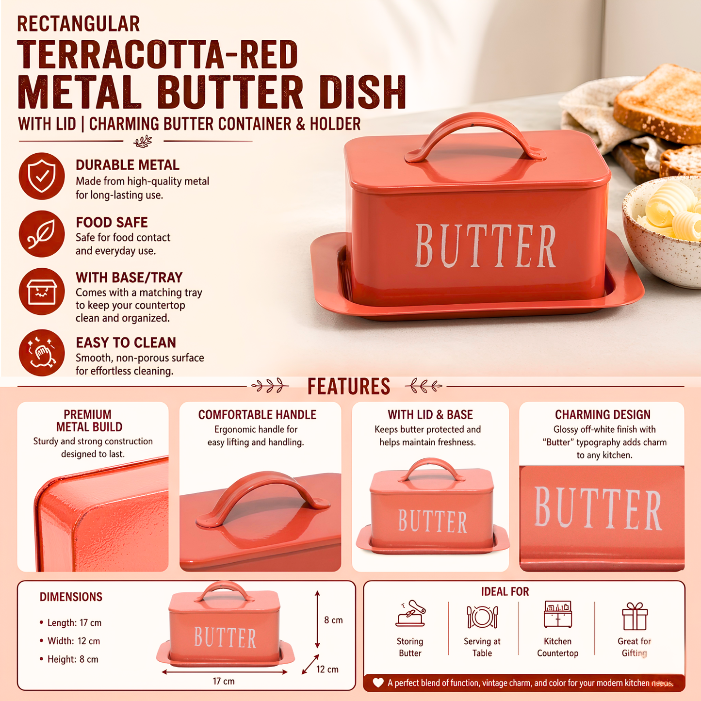 Rectangular Terracotta-Red Metal Butter Dish with Lid & Tray | Food-Safe Butter Container for Kitchen Countertop | 17 x 12 x 8 cm
