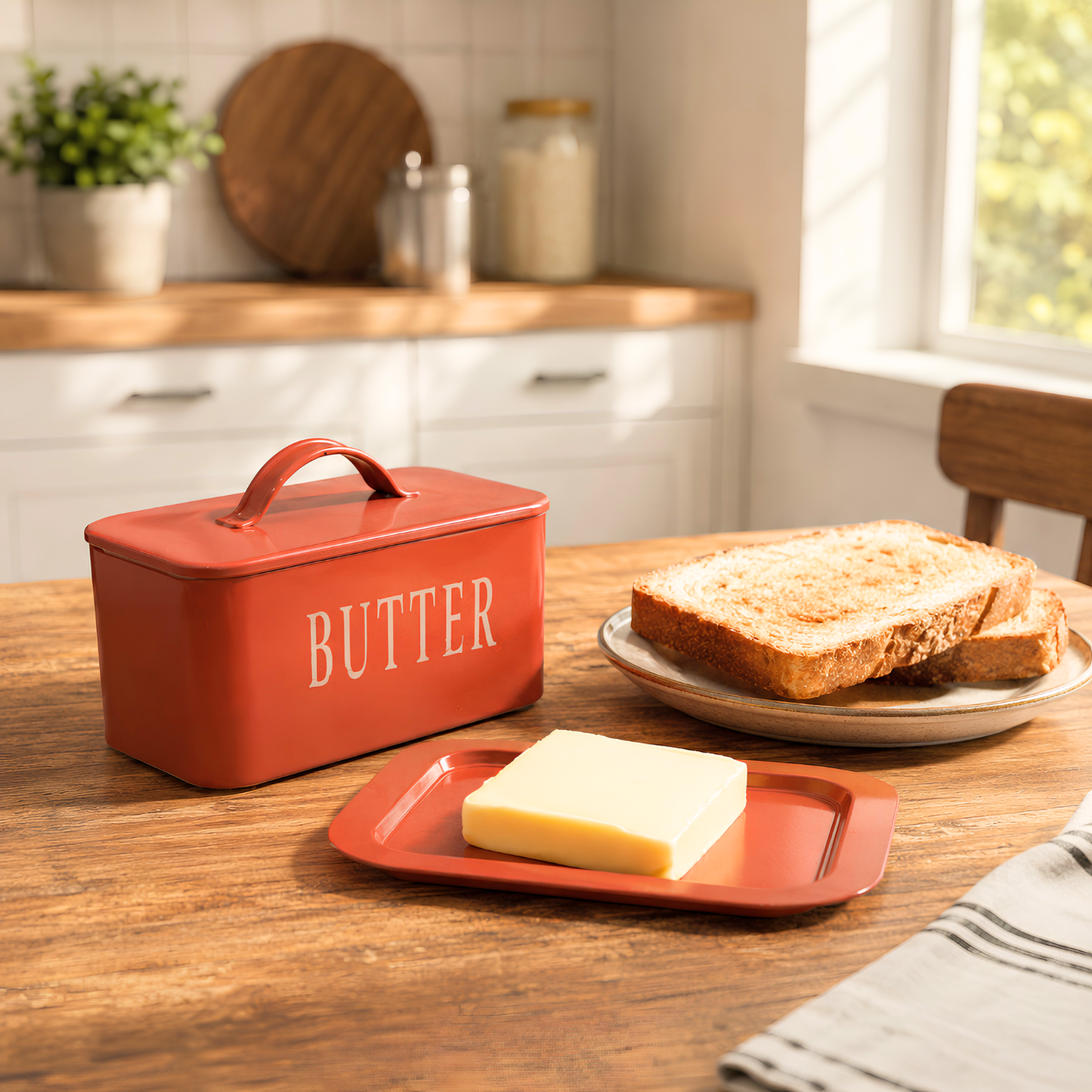 Rectangular Terracotta-Red Metal Butter Dish with Lid & Tray | Food-Safe Butter Container for Kitchen Countertop | 17 x 12 x 8 cm