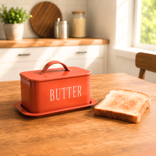 Rectangular Terracotta-Red Metal Butter Dish with Lid & Tray | Food-Safe Butter Container for Kitchen Countertop | 17 x 12 x 8 cm