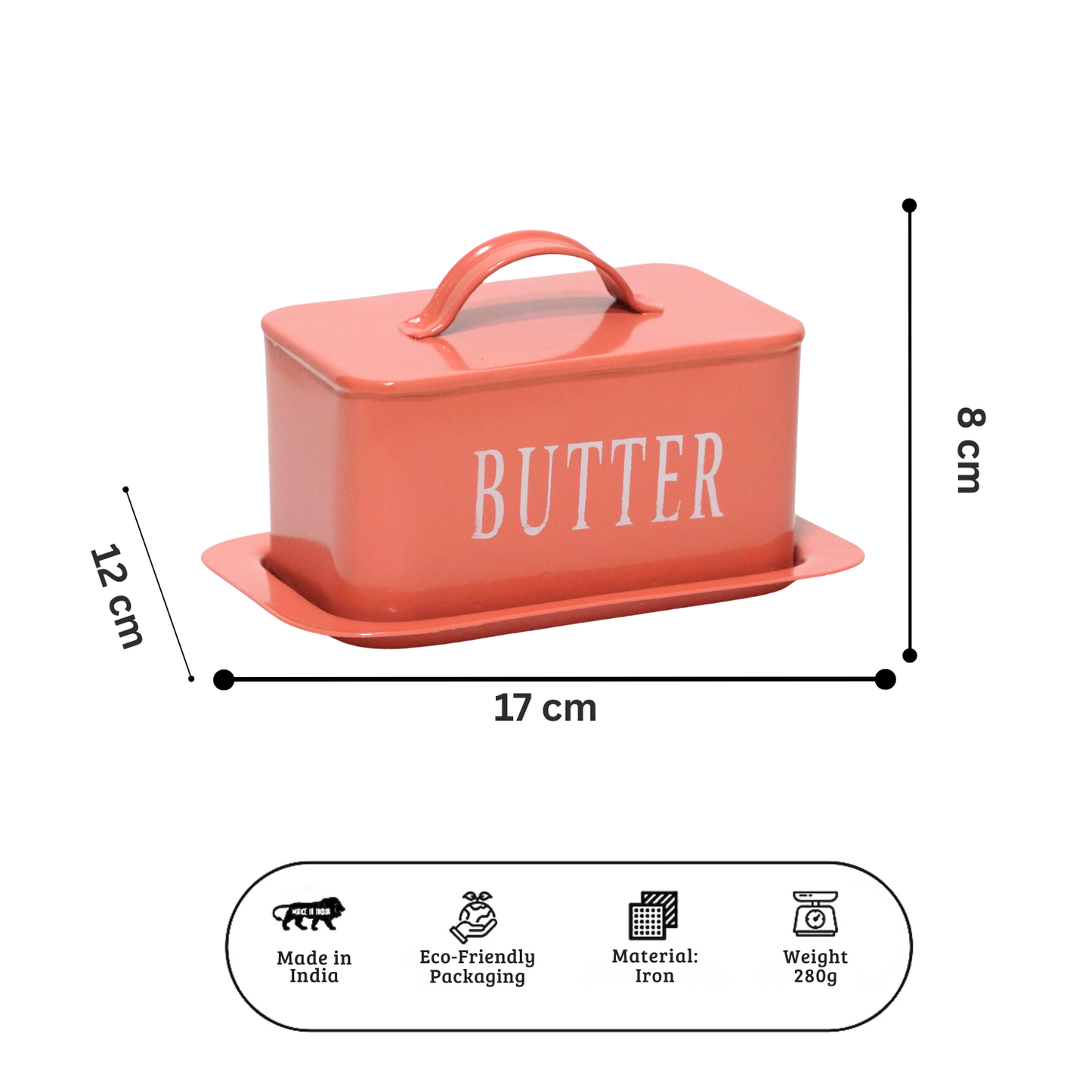 Rectangular Terracotta-Red Metal Butter Dish with Lid & Tray | Food-Safe Butter Container for Kitchen Countertop | 17 x 12 x 8 cm