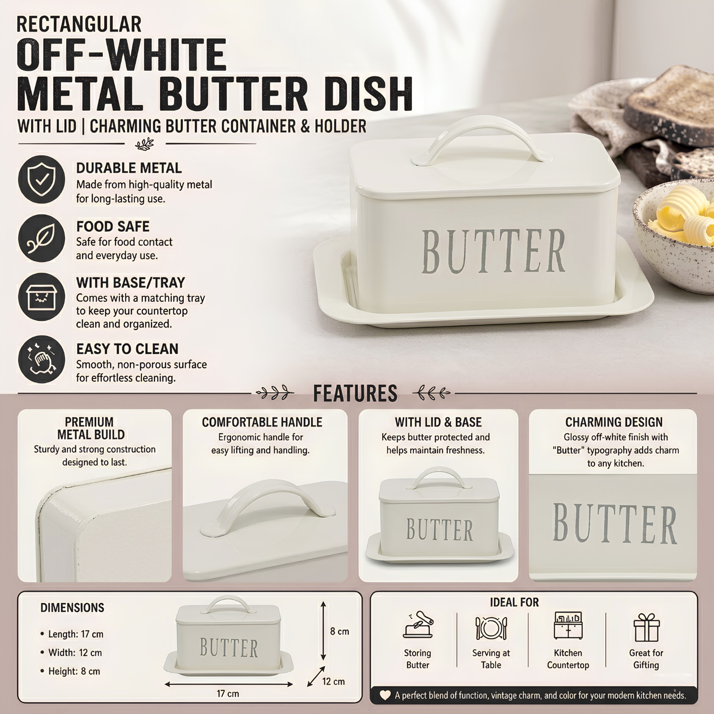 Rectangular Off-White Metal Butter Dish with Lid & Tray | Food-Safe Butter Container for Kitchen Countertop | 17 x 12 x 8 cm