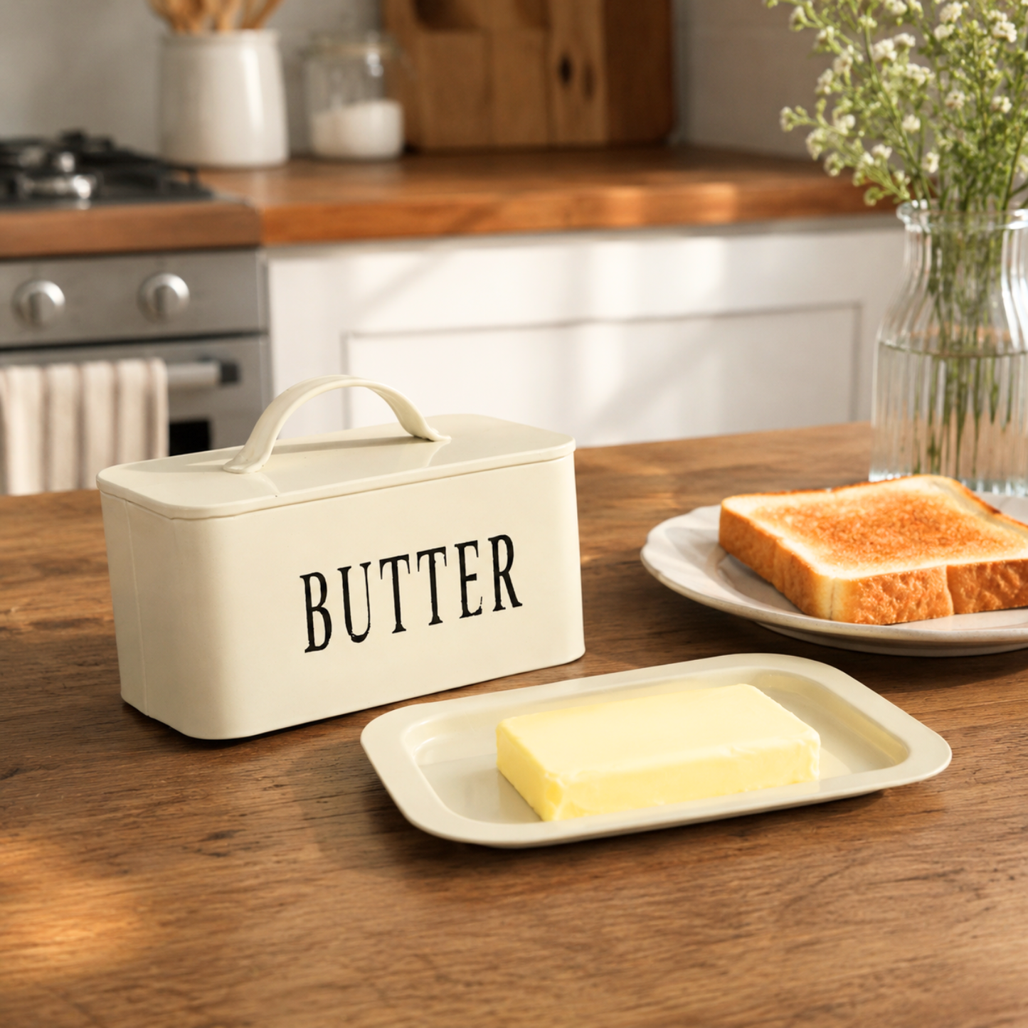 Rectangular Off-White Metal Butter Dish with Lid & Tray | Food-Safe Butter Container for Kitchen Countertop | 17 x 12 x 8 cm