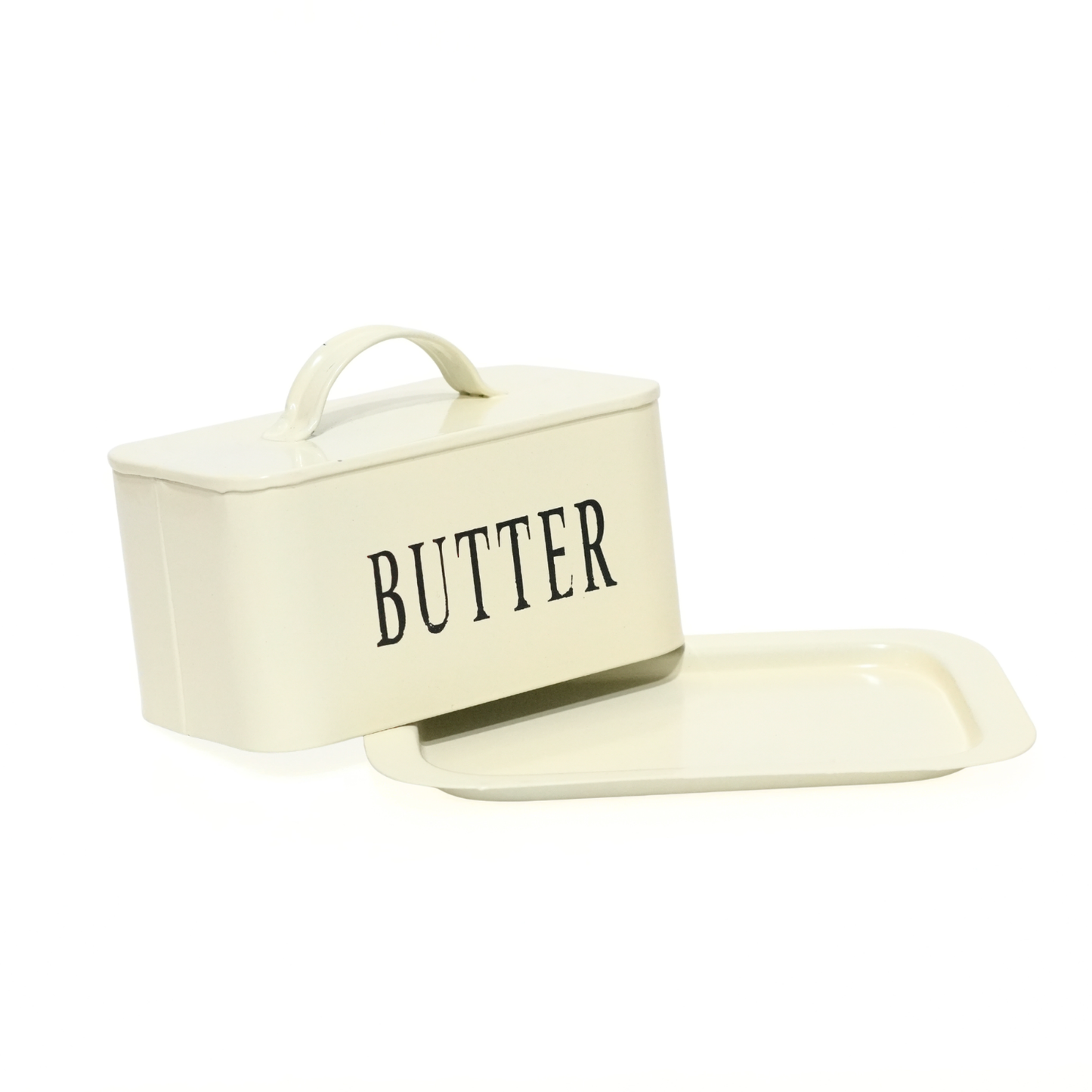 Rectangular Off-White Metal Butter Dish with Lid & Tray | Food-Safe Butter Container for Kitchen Countertop | 17 x 12 x 8 cm