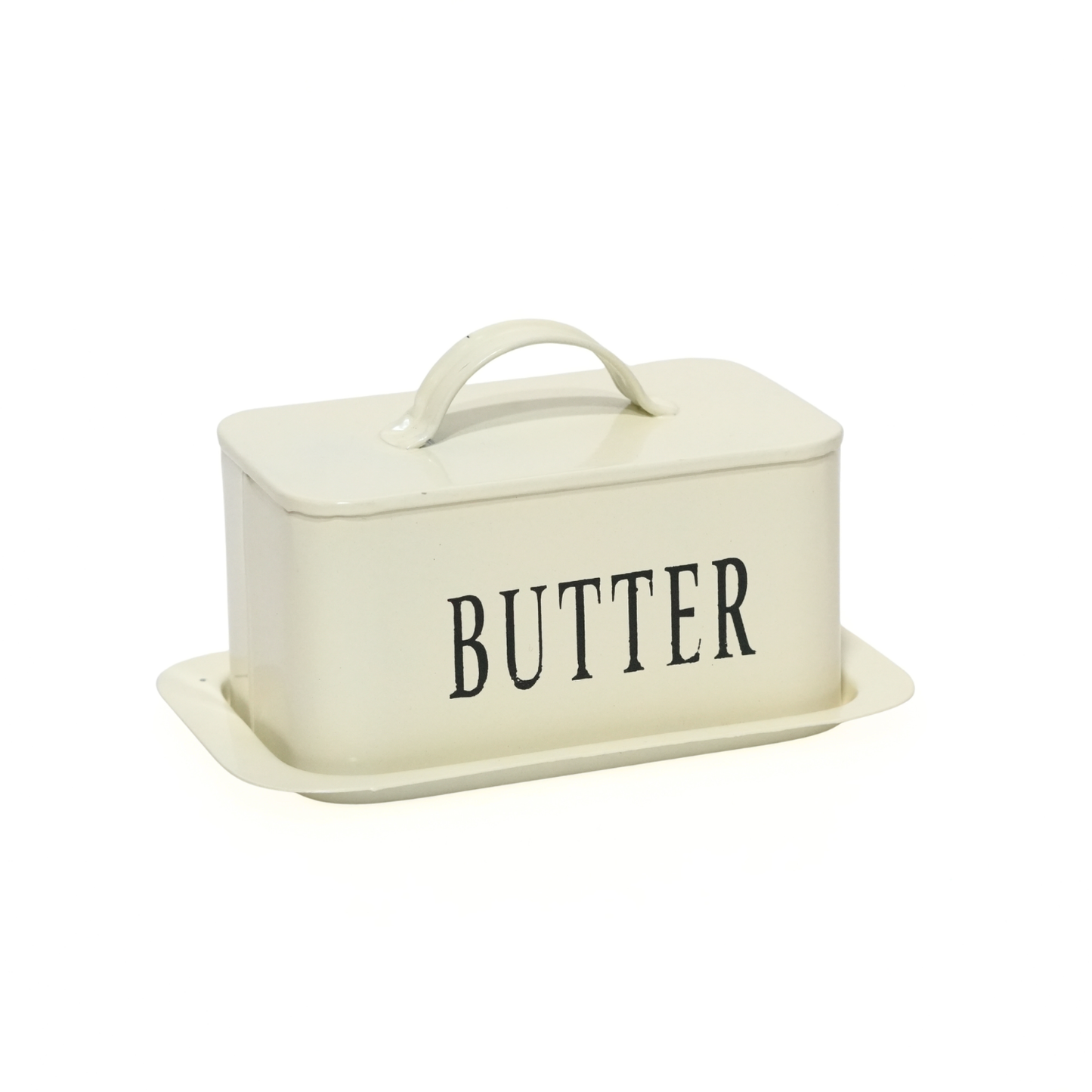 Rectangular Off-White Metal Butter Dish with Lid & Tray | Food-Safe Butter Container for Kitchen Countertop | 17 x 12 x 8 cm