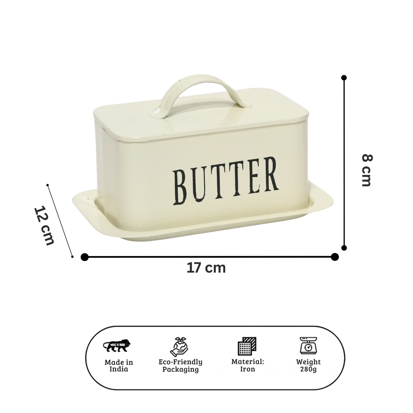 Rectangular Off-White Metal Butter Dish with Lid & Tray | Food-Safe Butter Container for Kitchen Countertop | 17 x 12 x 8 cm