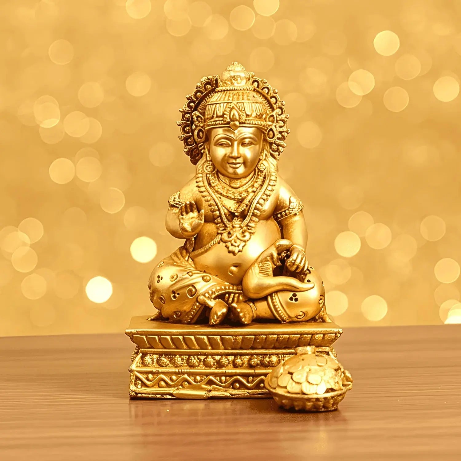 Gold-colored statue of a seated figure on a wooden surface with a blurred golden background