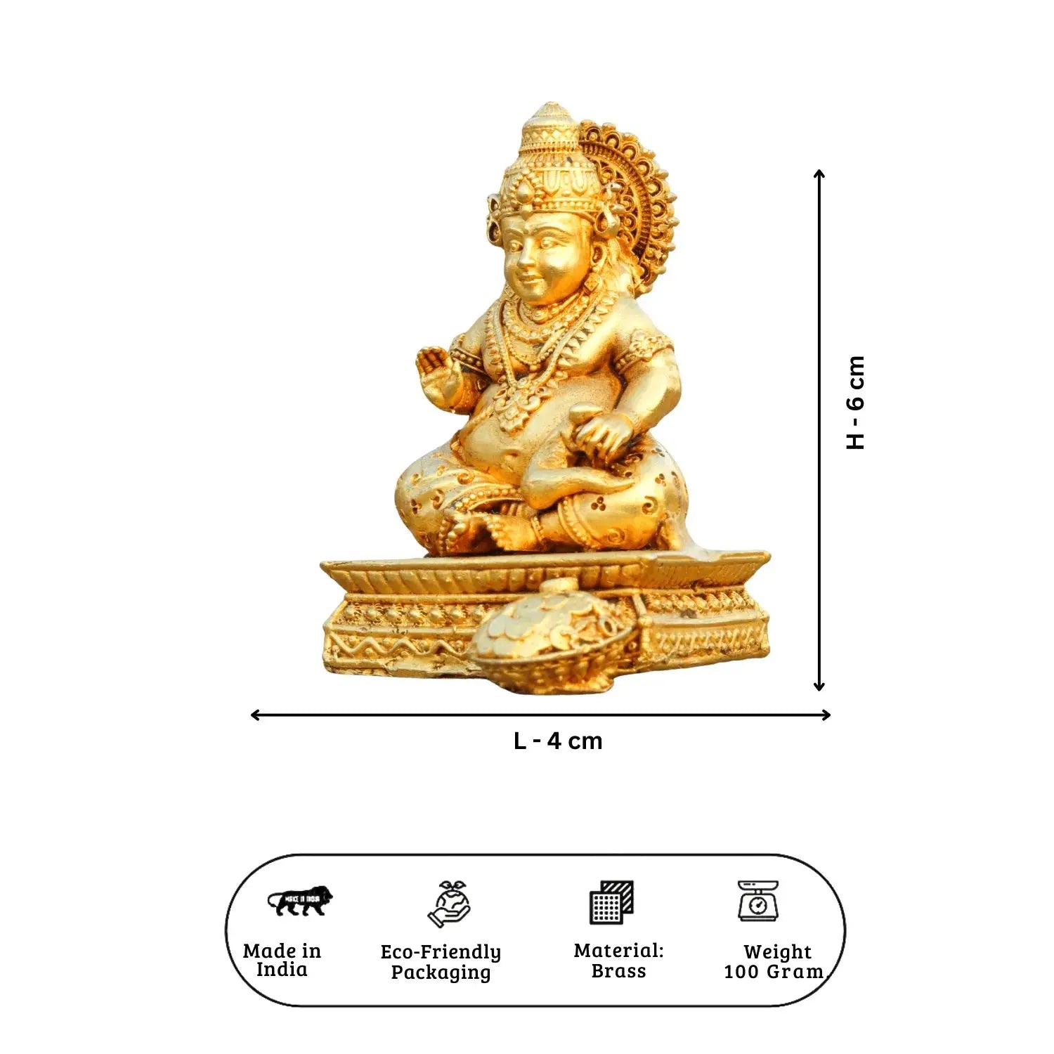 Gold-colored statue with dimensions and material information on a white background