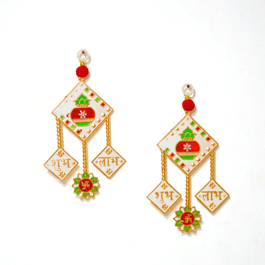 Decorative earrings with red, green, and gold colors on a white background