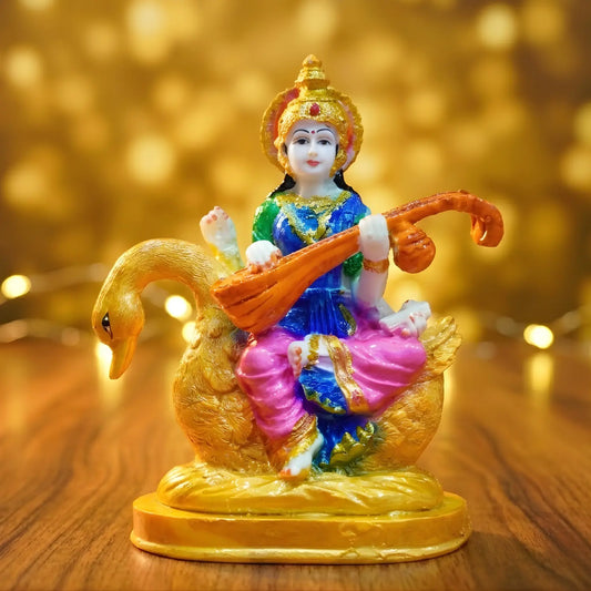Buy Goddess Saraswati Idol with Veena & Swan (5.5 Inch) – Colorful Maa Saraswati Murti for Home, Office & Study Room Upharkaro
