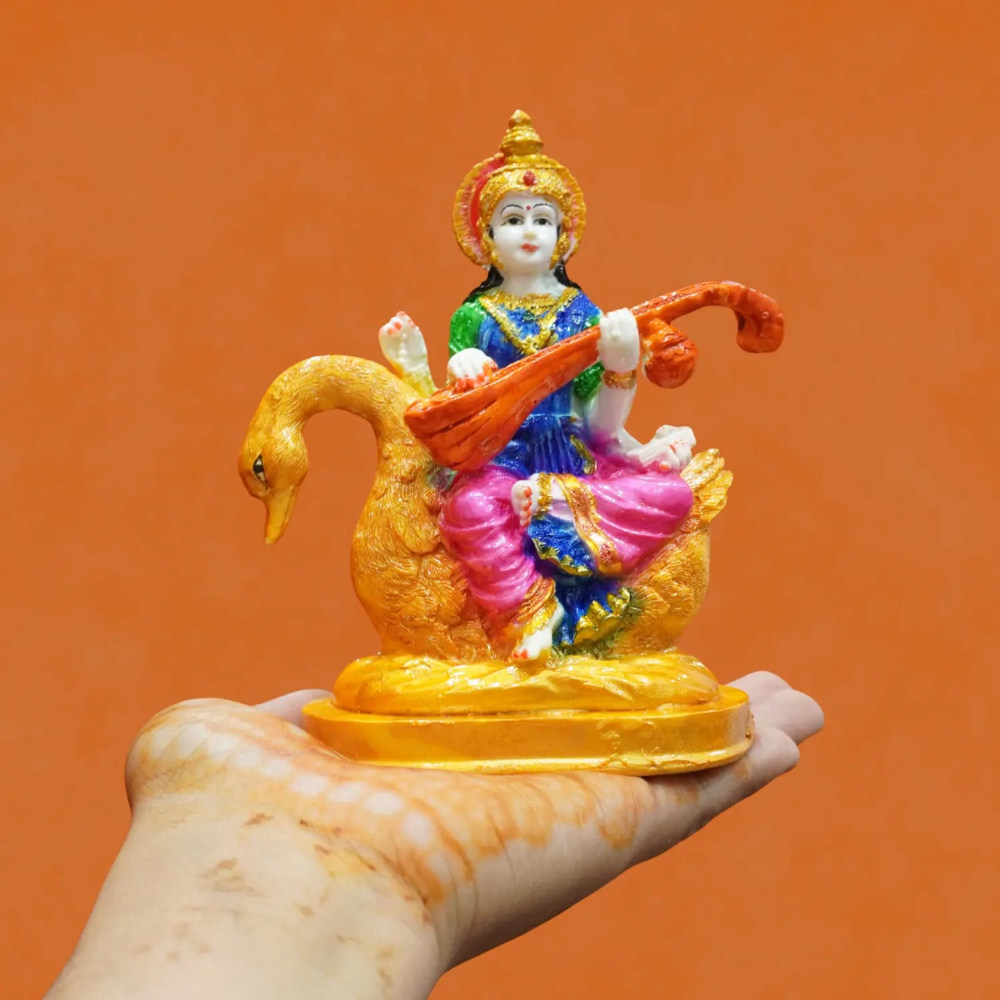 Buy Goddess Saraswati Idol with Veena & Swan (5.5 Inch) – Colorful Maa Saraswati Murti for Home, Office & Study Room Upharkaro