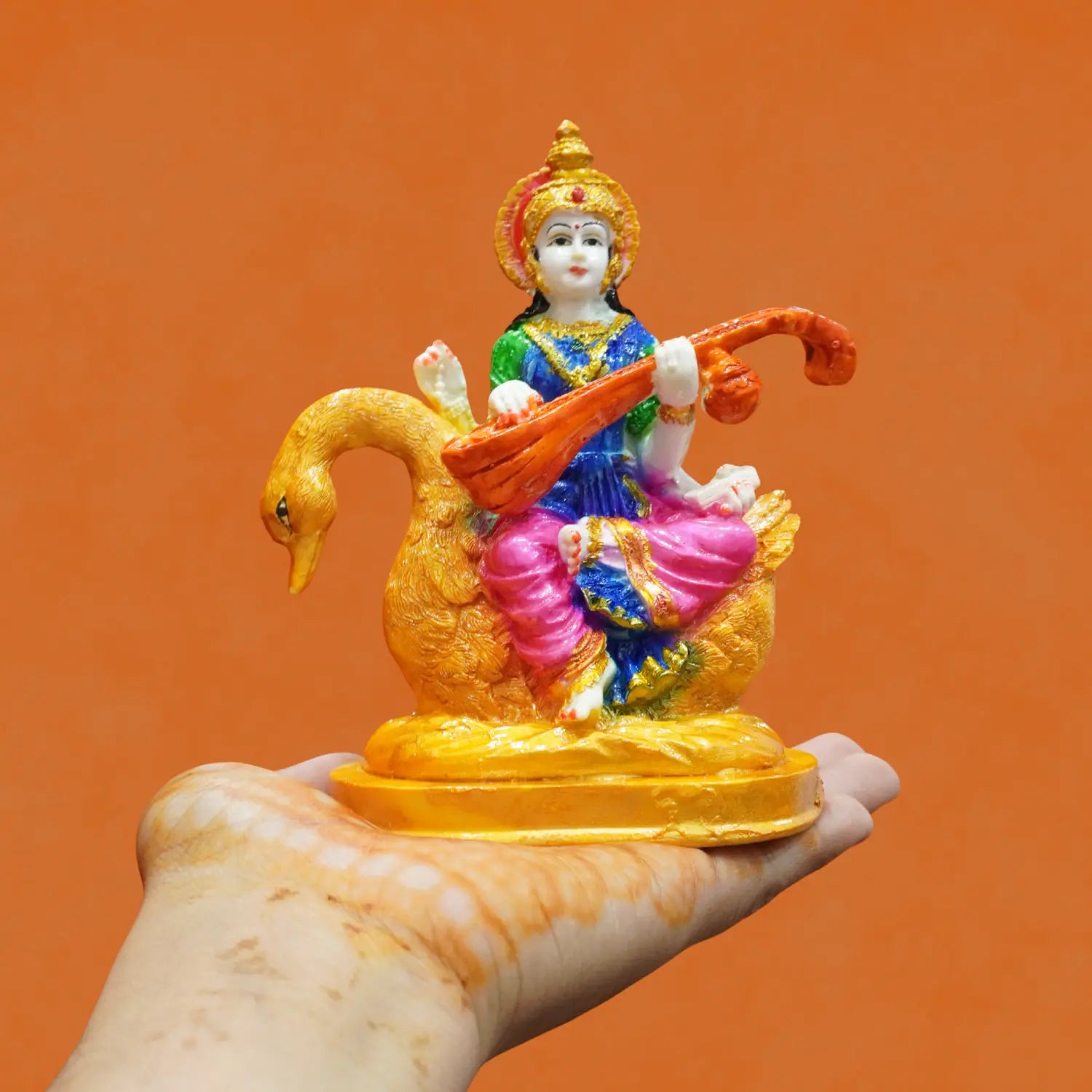 Buy Goddess Saraswati Idol with Veena & Swan (5.5 Inch) – Colorful Maa Saraswati Murti for Home, Office & Study Room Upharkaro