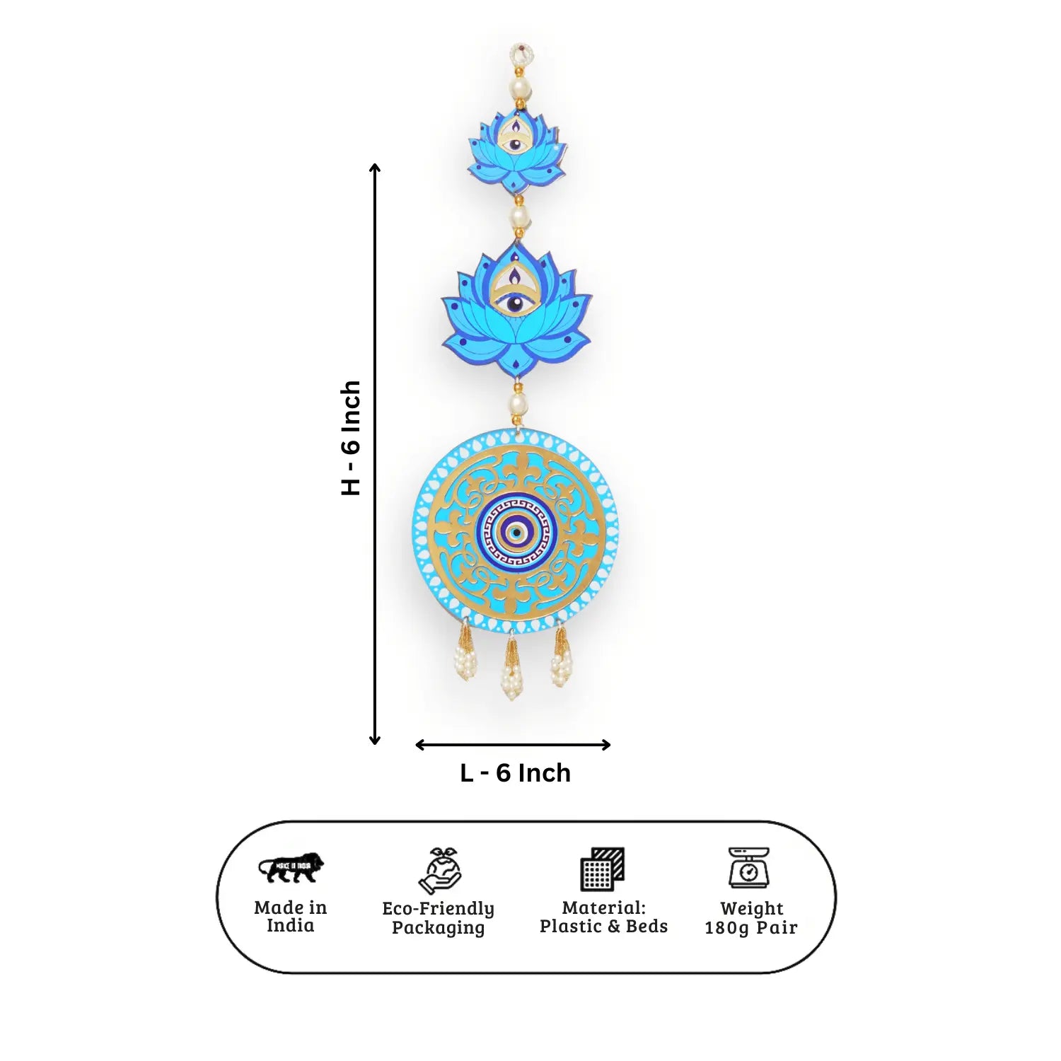 Blue decorative wall hanging with measurements and product details on a white background